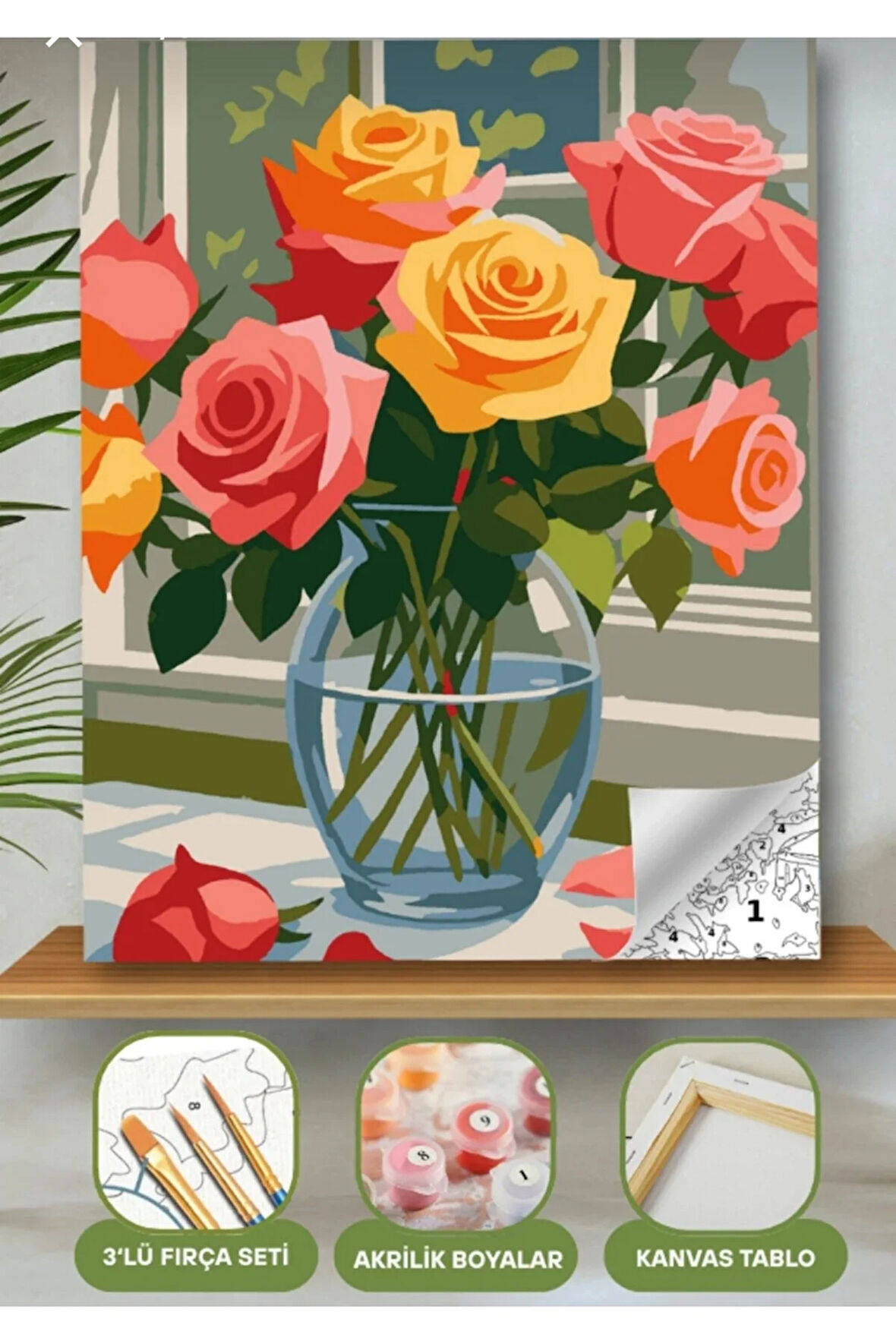Sayılarla Boyama Seti 40x50 Cm (Çıtalı) Fırça Boya Dahil Numaralı Tuval Cam Vazo Renkli Gül
