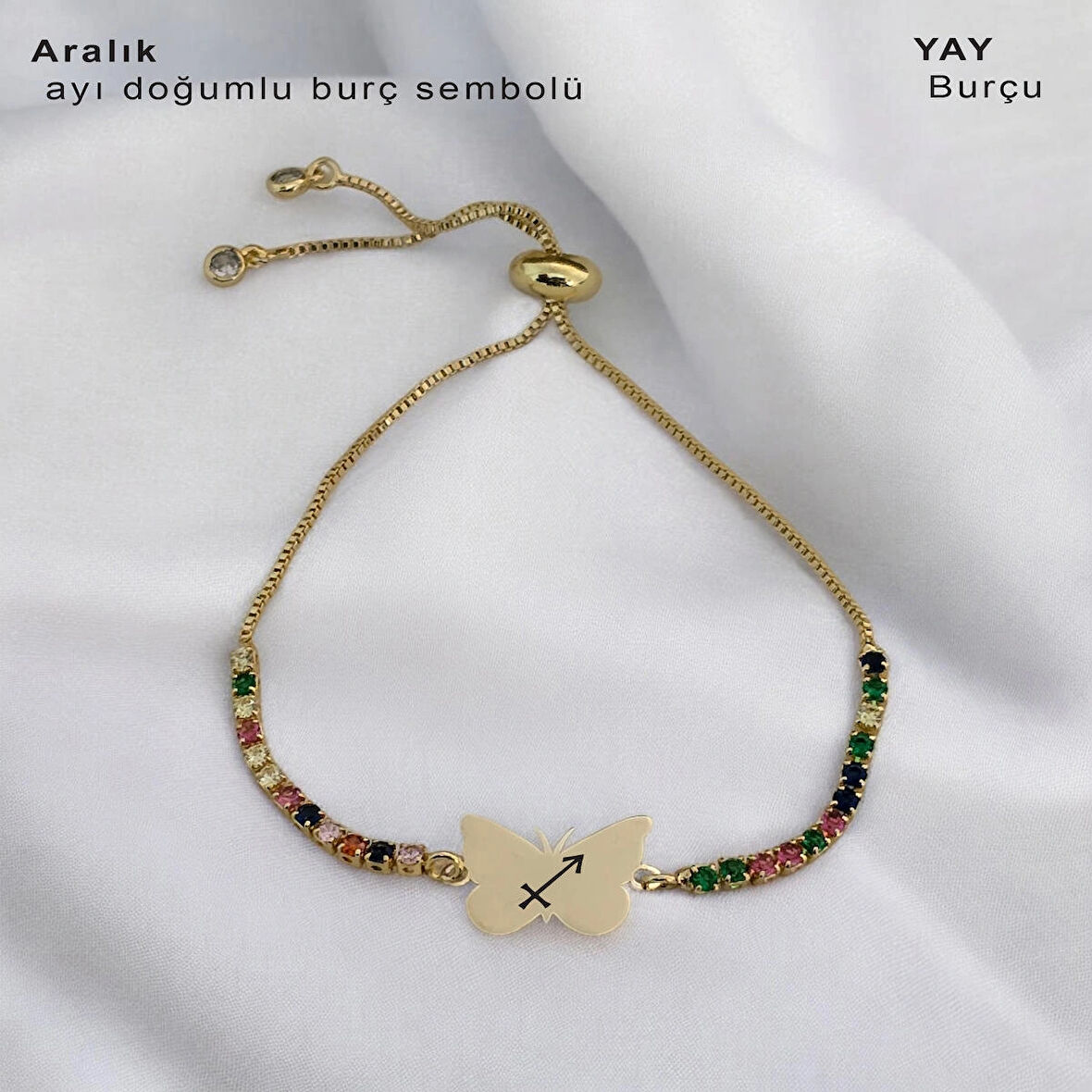 Aralık Ayı Doğumlarına Özel Zincirli Kelebek Motifli 14 Ayar Altın Plakalı Bileklik-340ay-renklitaş