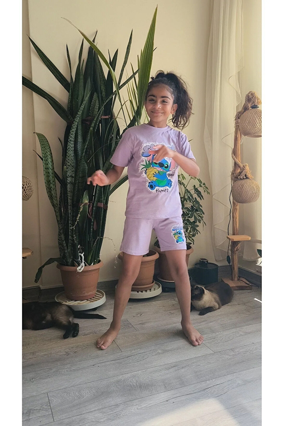 Kız Çocuk Şortlu Takım Stitchli Mor, Yeşil