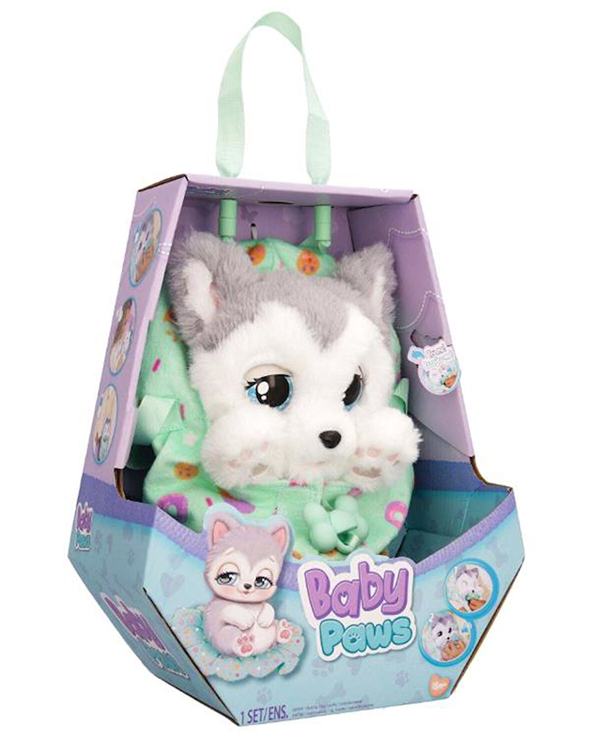 Baby Paws Sesli Yavru Köpek Pelüş 20 cm Husky Yeşil Çanta