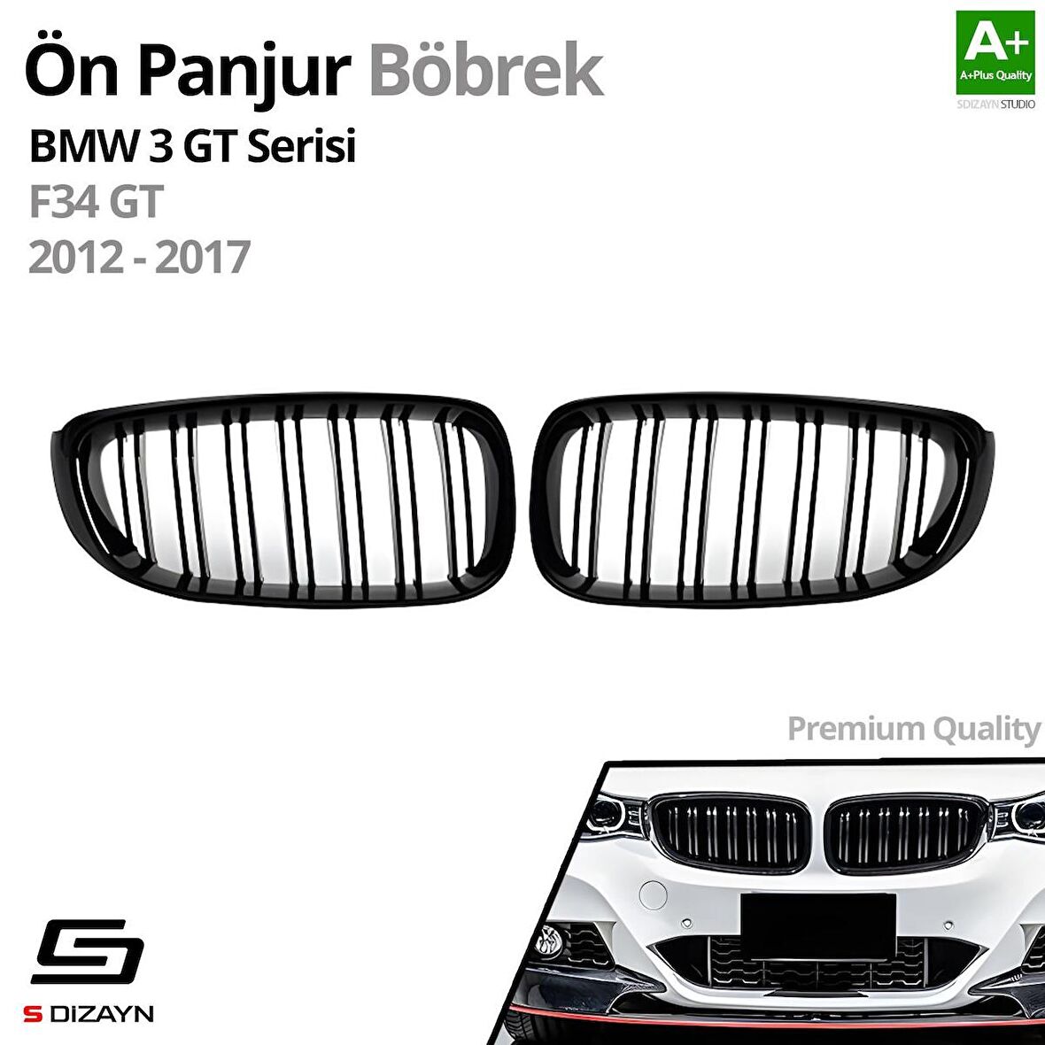 S-Dizayn Bmw 3 Serisi GT F34 GT Ön Panjur Böbrek Parlak Siyah Piano Black M3 Model 2012-2017