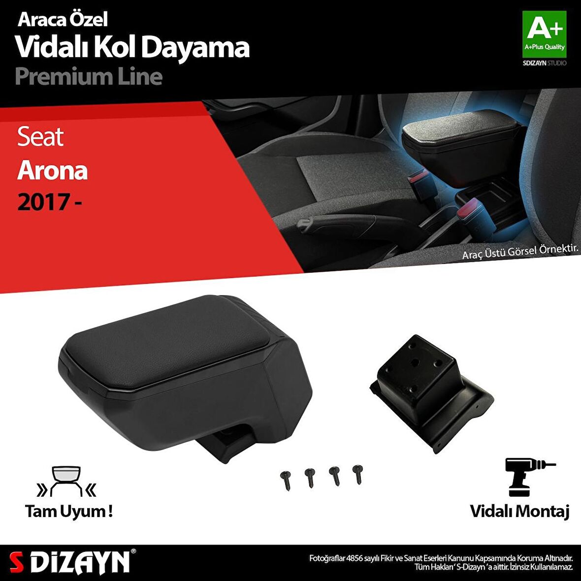 S-Dizayn Seat Arona Kol Dayama Kolçak ABS Vidalı Siyah 2017 Üzeri A+ Kalite