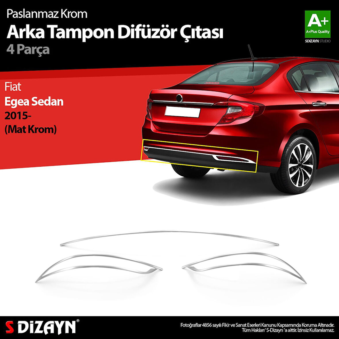 S-Dizayn Fiat Egea SD Krom Arka Tampon Difüzör Çıtası 3 Prç. 2015 Üzeri (Mat Krom)