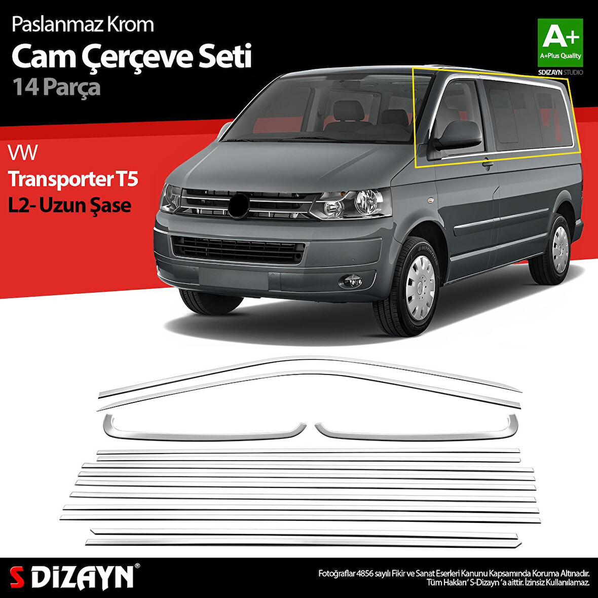 S-Dizayn VW Transporter T5 Uzun Şase Krom Cam Çerçeve Seti 2003-2015 Tek Sürgü