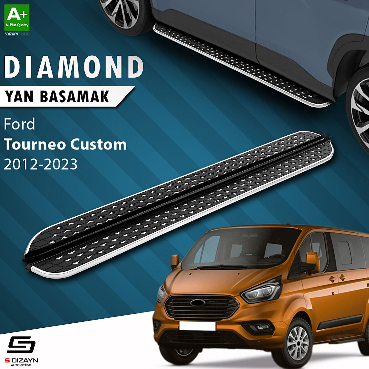 S-Dizayn Ford Tourneo Custom Kısa Şase Diamond Krom Yan Basamak 203 Cm 2012-2023