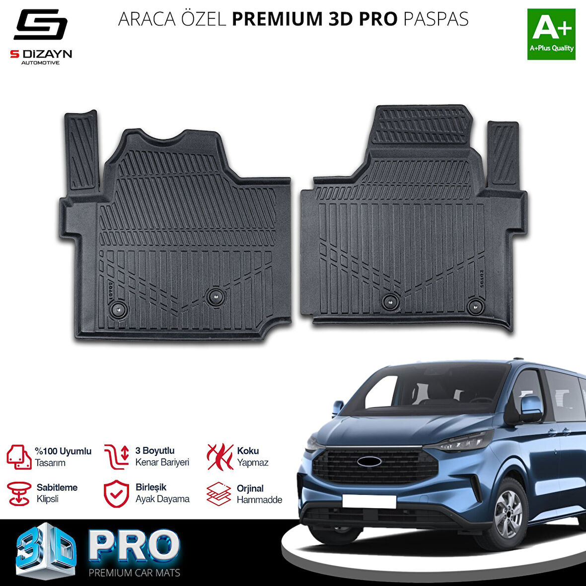 S-Dizayn Ford Tourneo Custom 3D Pro Havuzlu Paspas 2024 Üzeri A+ Kalite