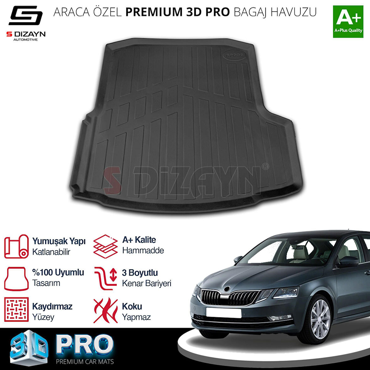 S-Dizayn Skoda Octavia 3D Pro Bagaj Havuzu 2013-2017 A+ Kalite