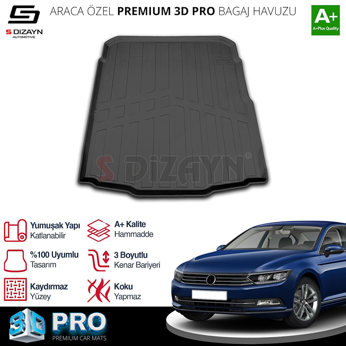 S-Dizayn VW Passat B8 3D Pro Bagaj Havuzu 2015-2023 A+ Kalite