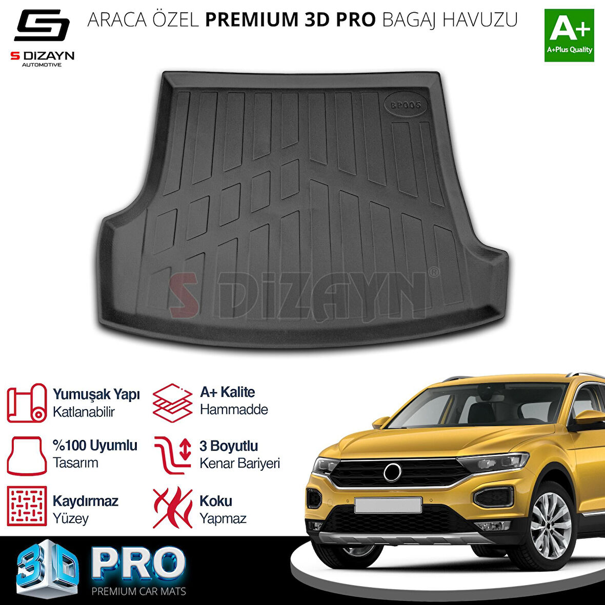 S-Dizayn VW T-Roc 3D Pro Bagaj Havuzu Üst Bagaj 2019 Üzeri A+ Kalite