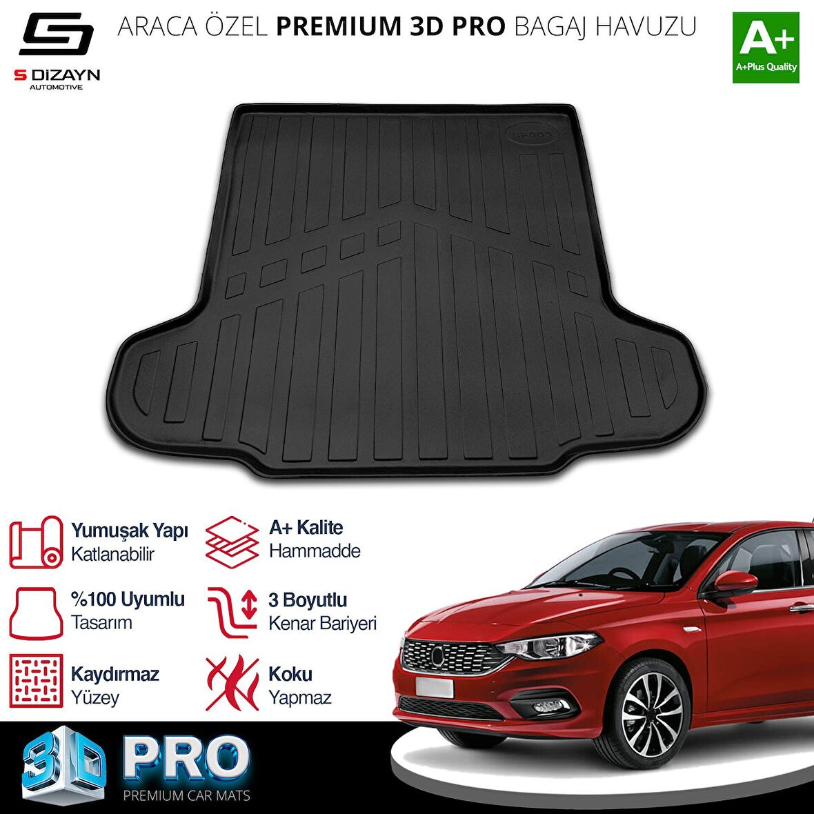 S-Dizayn Fiat Egea Sedan 3D Pro Bagaj Havuzu 2015 Üzeri A+ Kalite