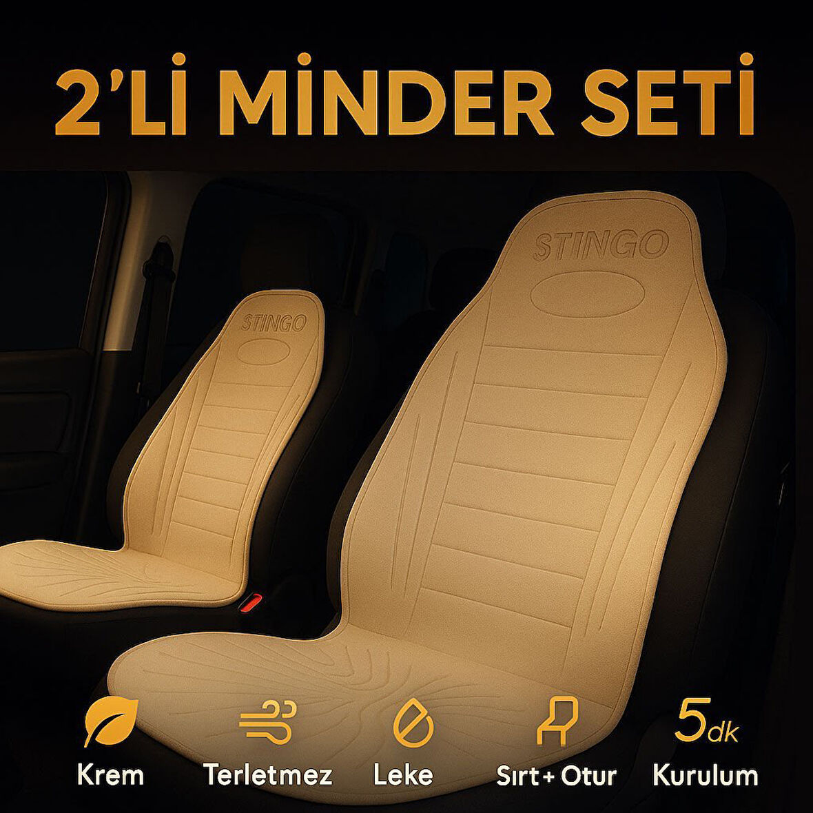 2'li Minder Seti Koltuk Koruyucu Universal Krem Renk Terletmez Leke Tutmaz