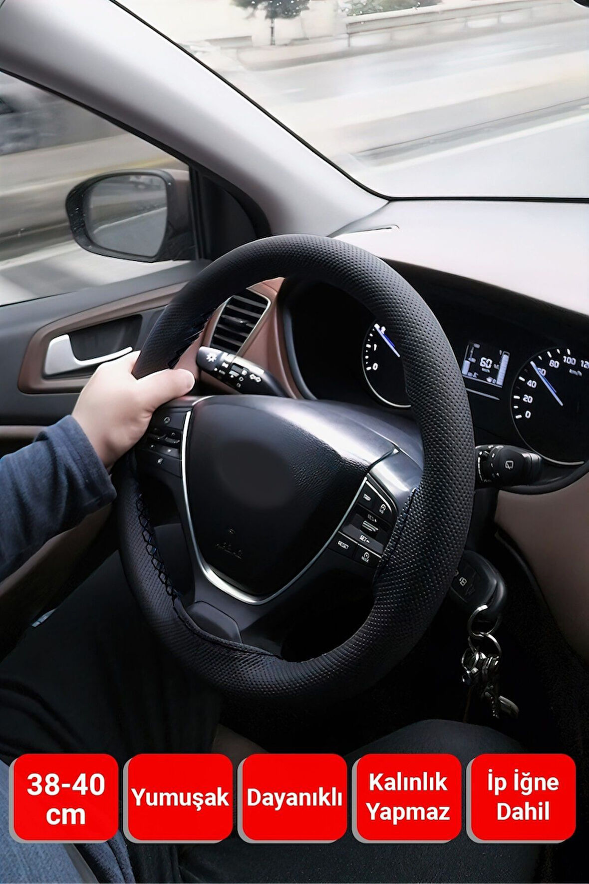 Oto Direksiyon Kılıfı Noktalı Siyah Deri Siyah Dikiş