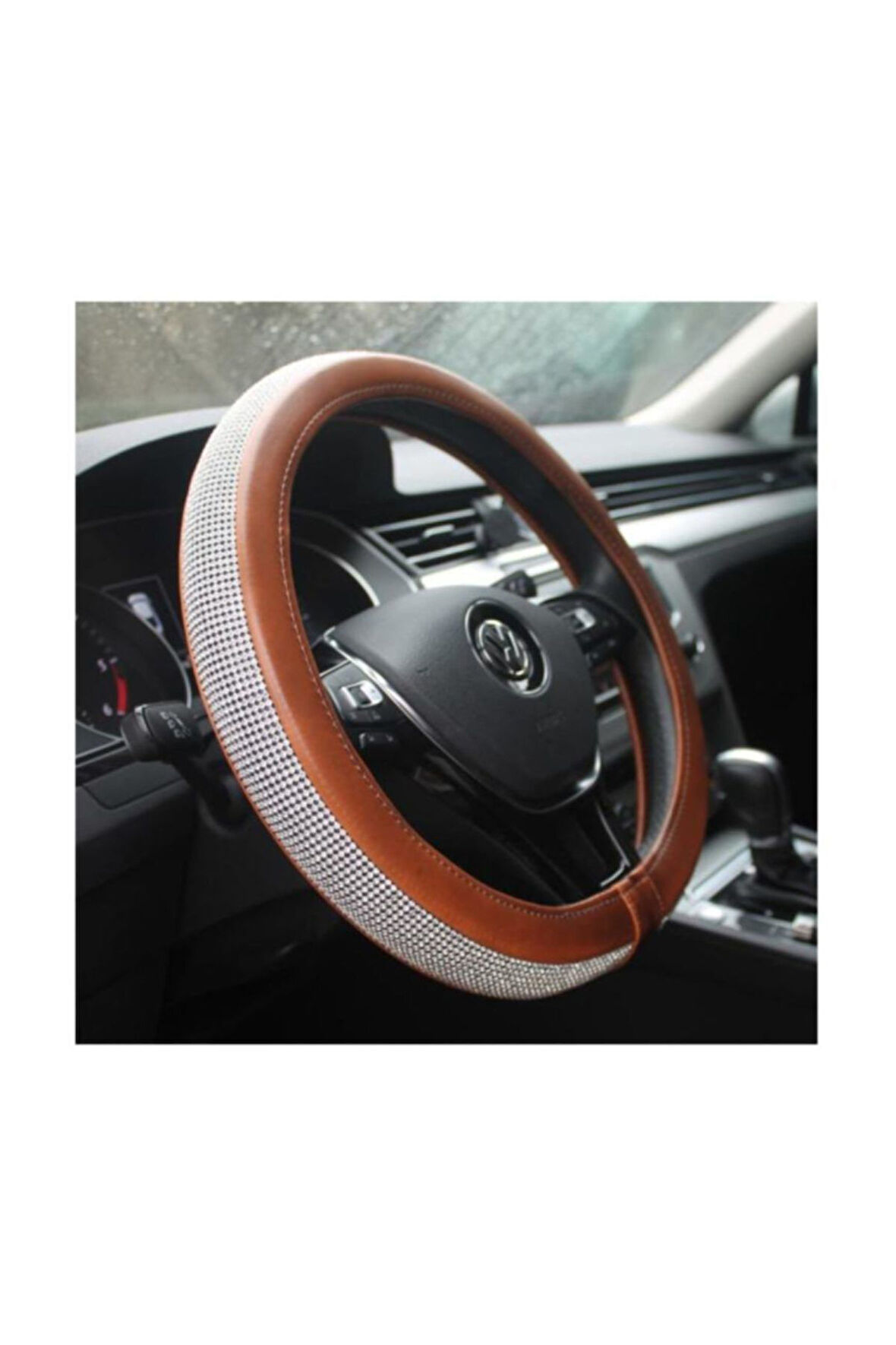 Kadın Sürücülere Özel Pırlanta Kaplamalı Kahverengi Geçmeli Direksiyon Kılıfı