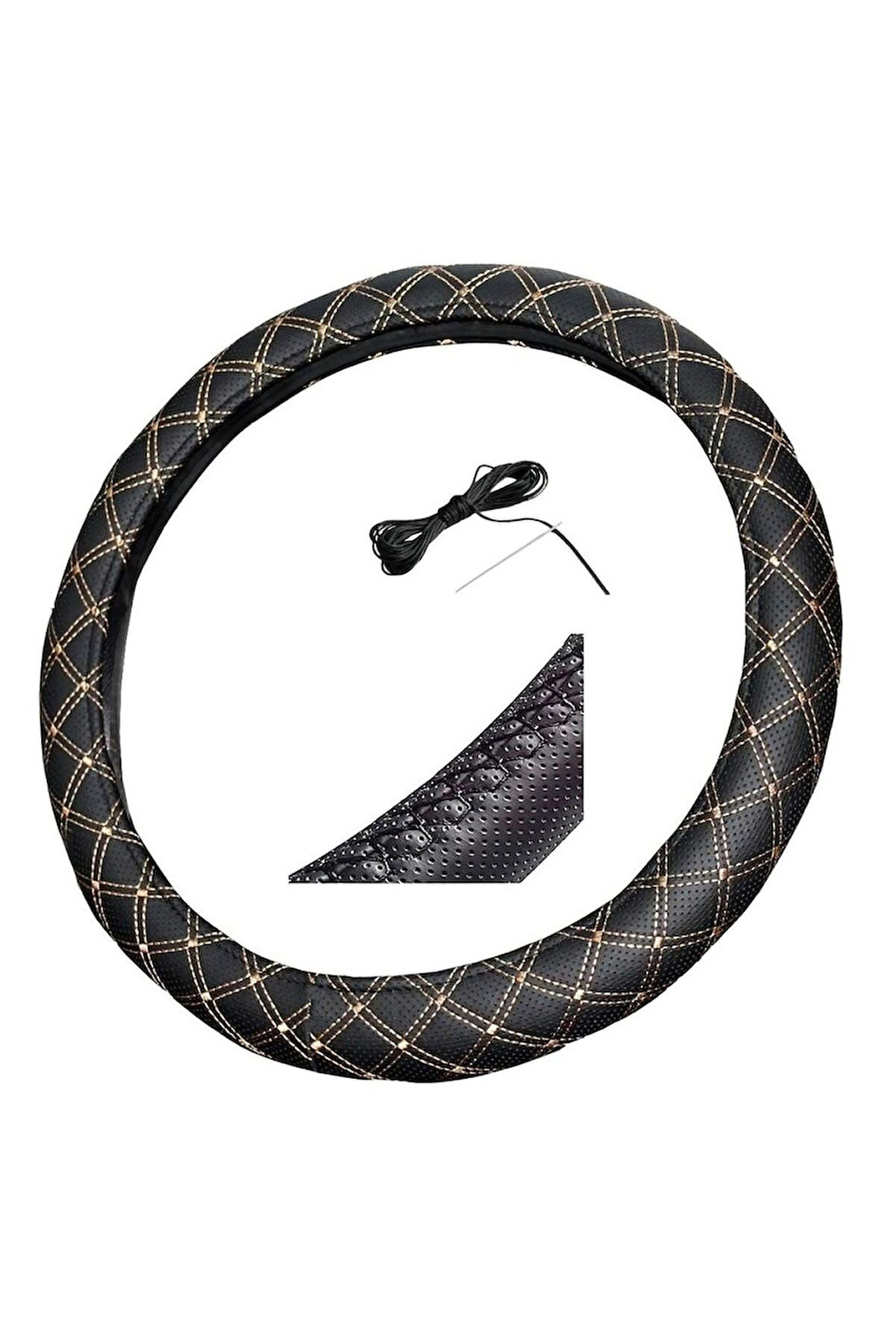 Direksiyon Kılıfı Siyah 45 Cm Dikmeli Bej Nakış Tır Kamyon Midibüs