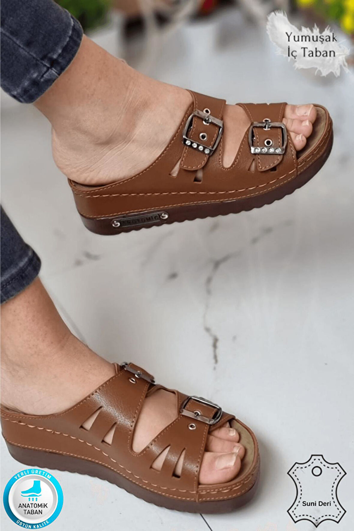 Darma Kadın Günlük Terlik Çift Bant Taşlı Tokalı Ortopedik Taban Anne Dışarı & Ev İçi Terliği