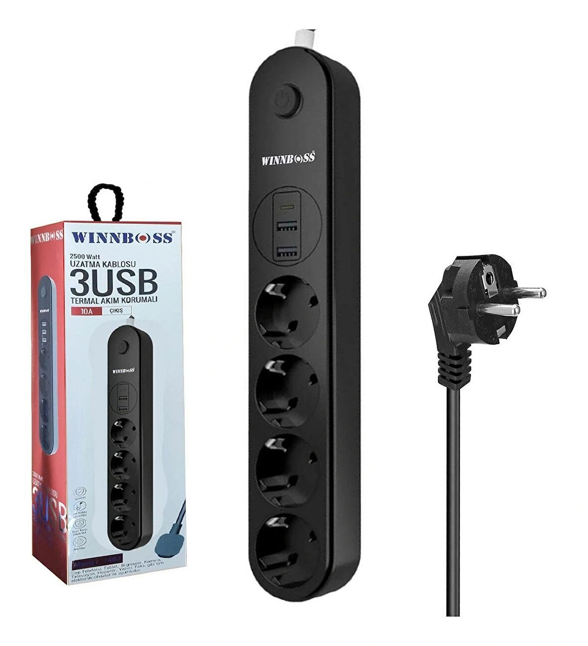 WINNBOSS TERMAL AKIM KORUMALI 2mt UZATMA KABLOSU 2 USB +1 TYPE-C
