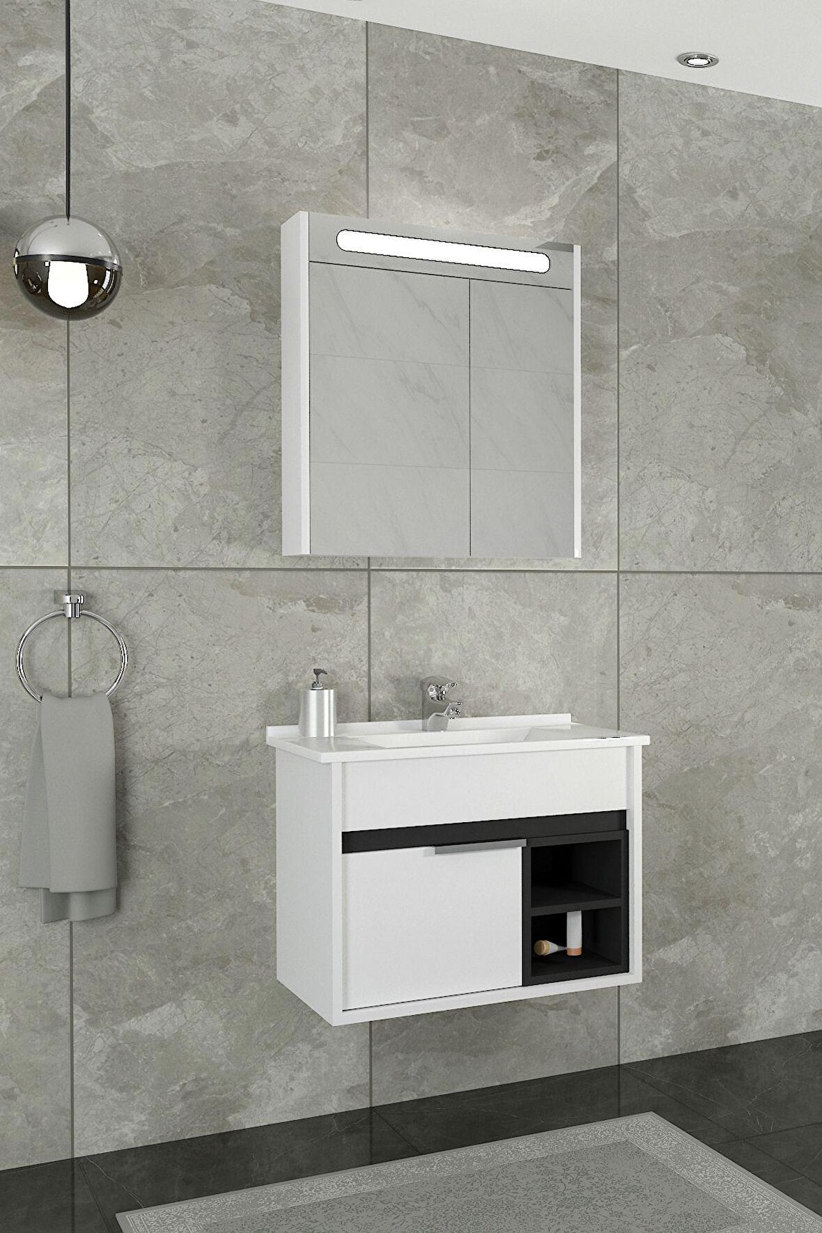 NAPOLİ 65 CM BEYAZ LAVABOLU BANYO DOLABI   BEYAZ/ANTRASİT - BOY DOLAP HARİÇ 