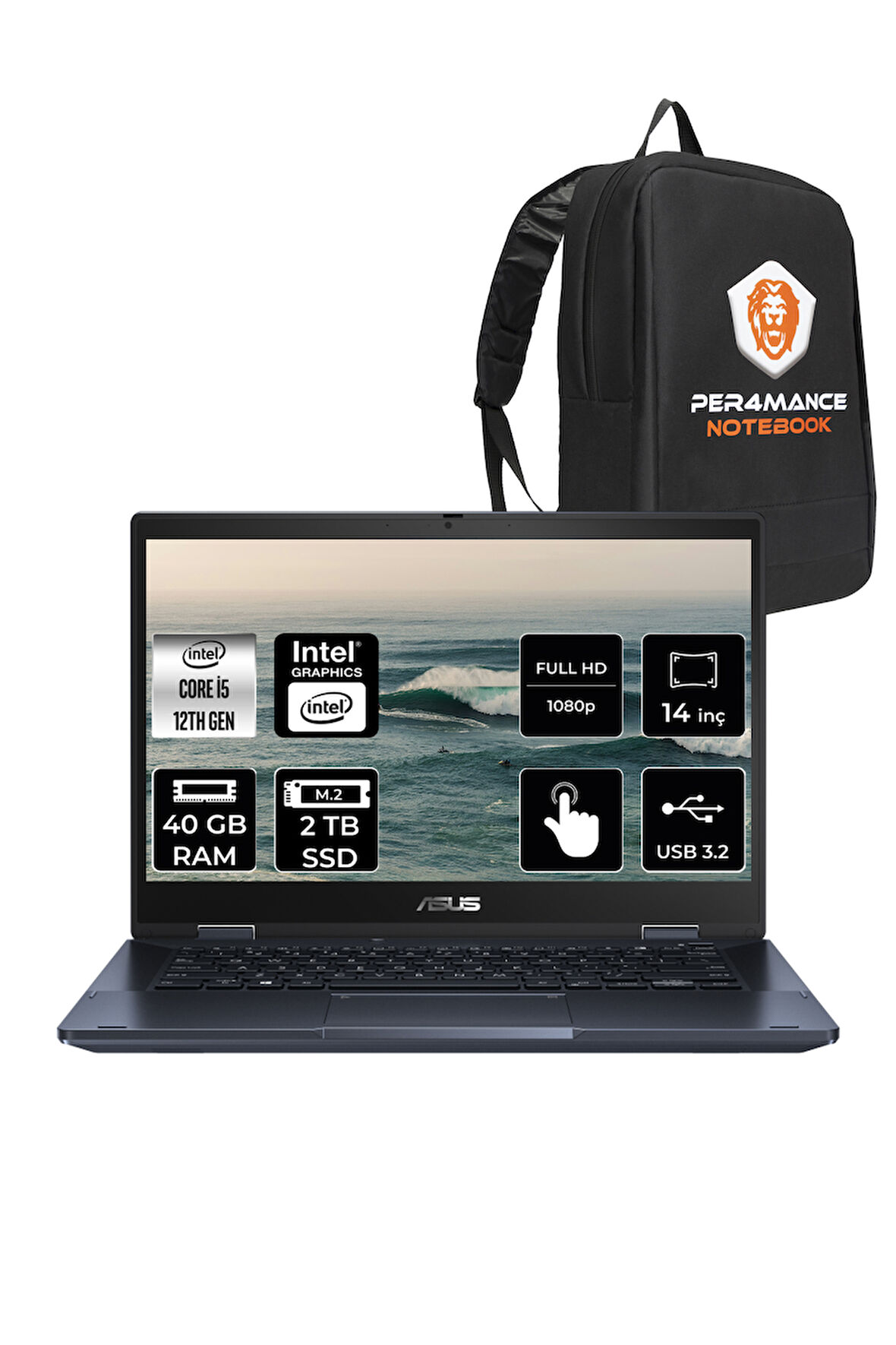 ASUS Expertbook B3 Flip i5 1235U 40GB RAM 2TB SSD 14" FHD FDOS Dokunmatik Bilgisayar & PER4 ÇANTA