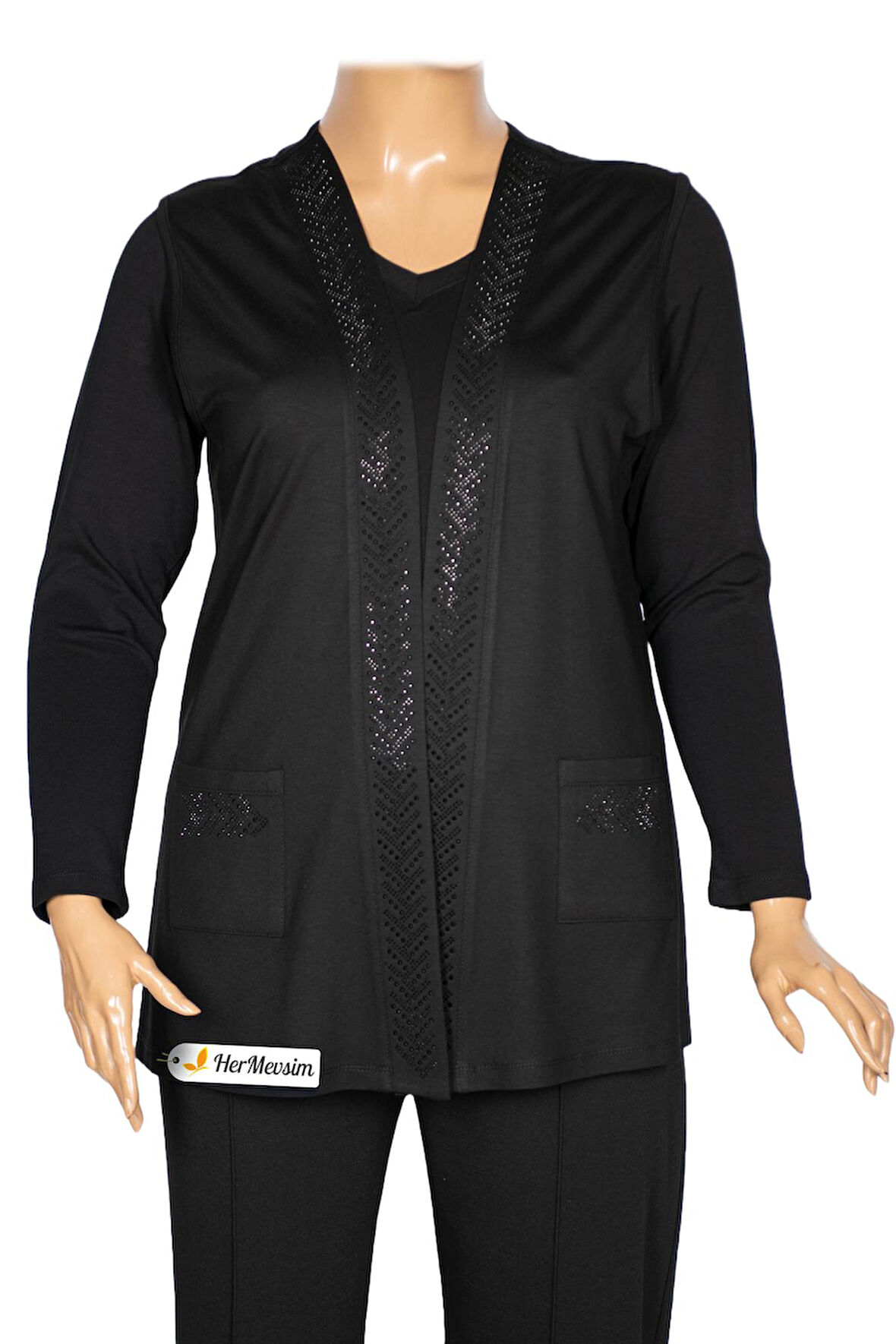 Hesna Kadın Tansu Taşlı Cepli Penye Siyah Yelek