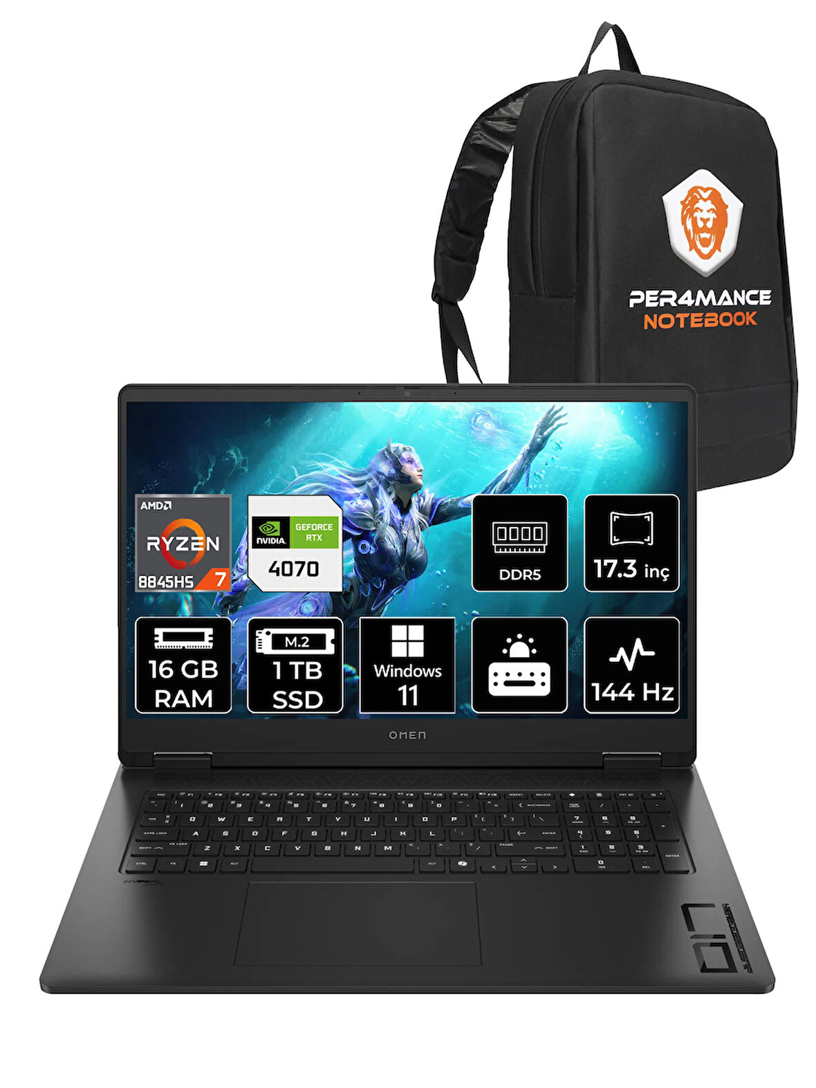 HP OMEN 17 R7 8845HS 16GB RAM 1TB SSD RTX4070/8GB 144Hz 17.3'' FHD W11H Gaming Laptop & PER4 ÇANTA
