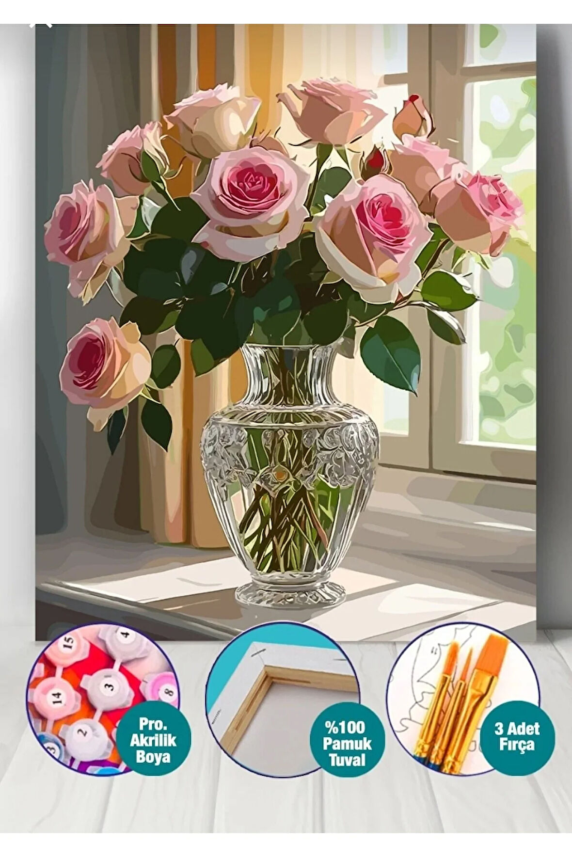 Sayılarla Boyama Seti 40x50 Cm (Çıtalı) Fırça Boya Dahil Numaralı Tuval Cam Vazo Pembe Gül