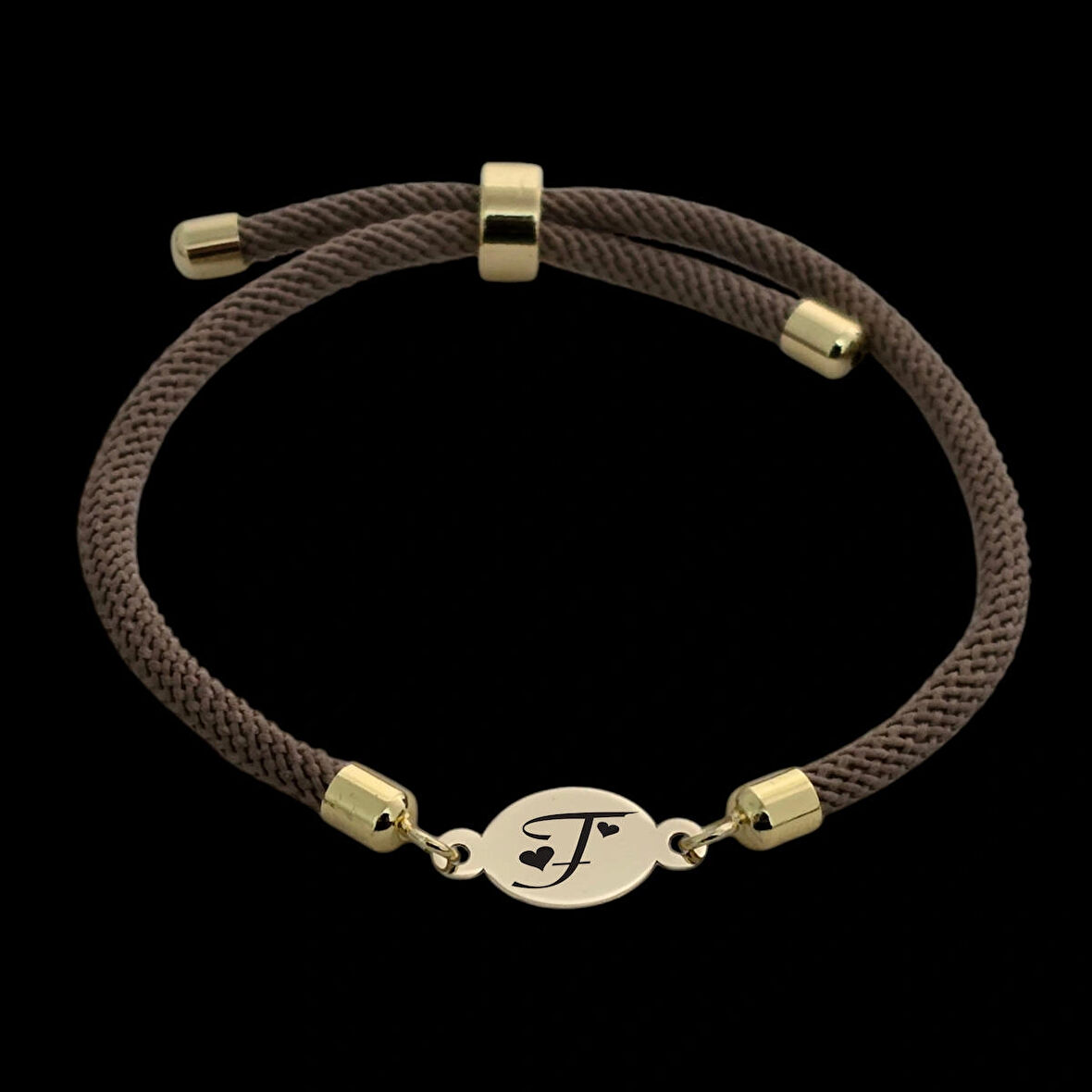 F Harfine Özel İpek Örgülü Oval Motifli 14 Ayar Altın Plakalı Hediye Bileklik-341harf-kahverengi