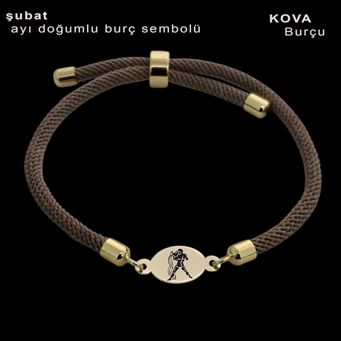 Kova Burçları İçin 14 Ayar Altın Plakalı Örgü İpli Oval Motifli Hediye Bileklik-341burç-kahverengi