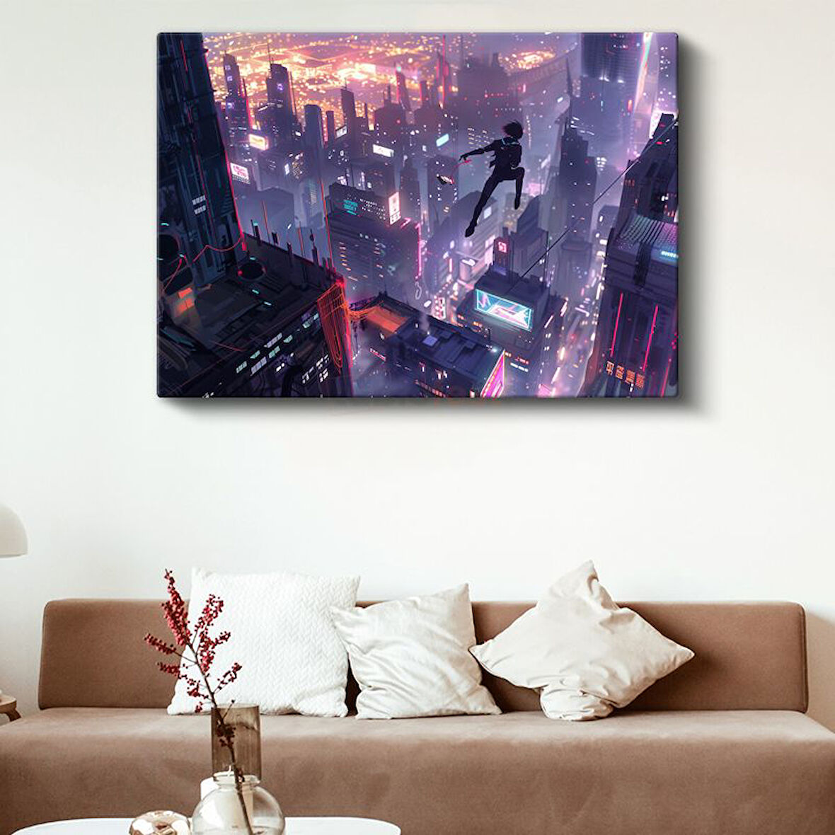 Cyberpunk Atlayış - Gece Şehri Anime Kanvas Tablo