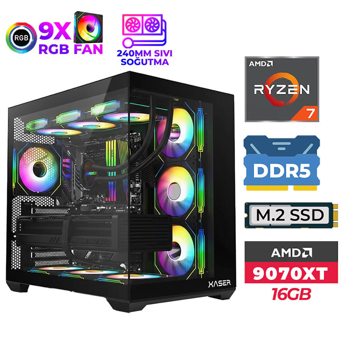 Xaser SovaX180 Ryzen 7 7700 16GB DDR5 Ram 512GB M.2 NVMe SSD 16GB RX9070 XT Sıvı Soğutmalı Masaüstü Oyuncu Bilgisayarı