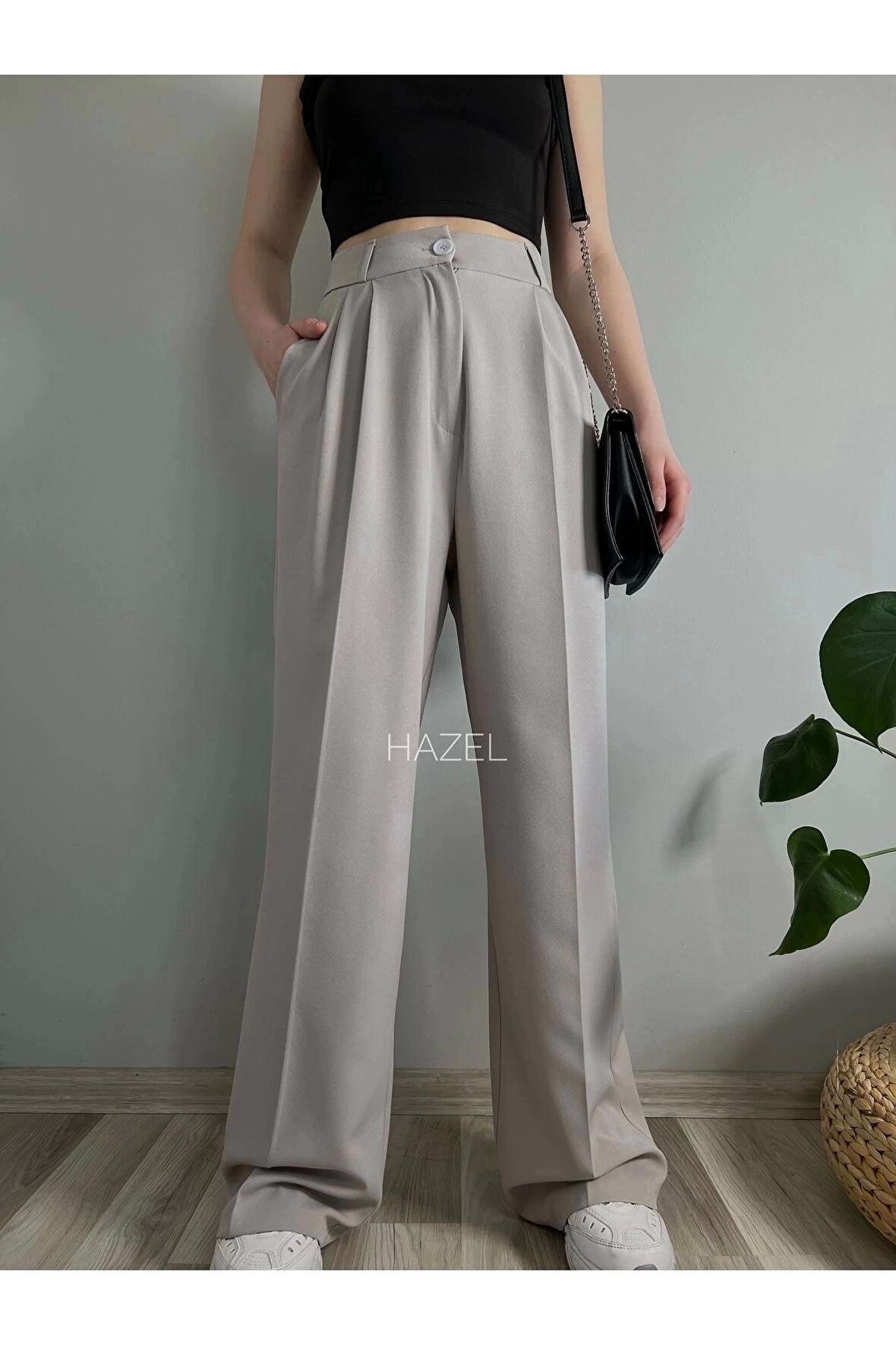 Kadın Gri Yüksek Bel Palazzo Pantolon