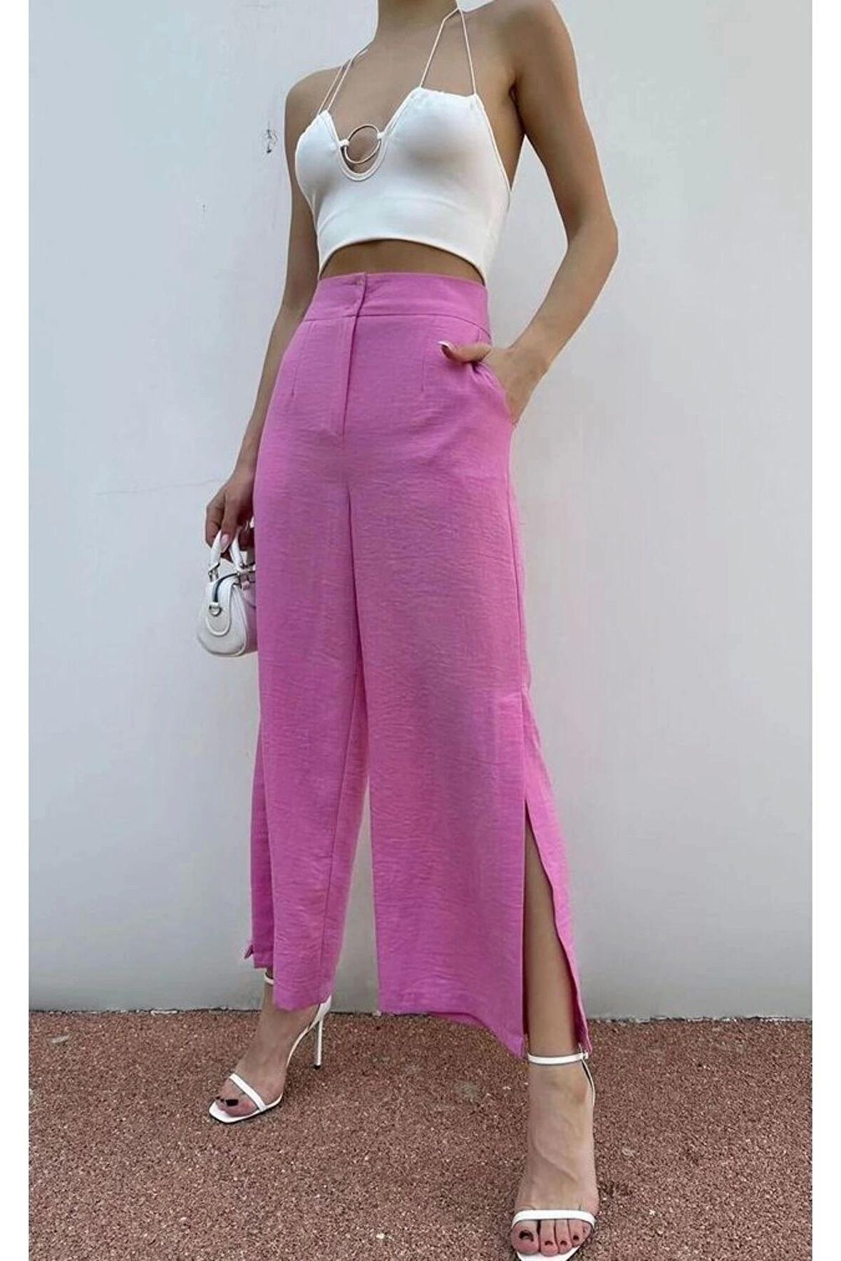 Kadın Pembe Keten Yırtmaçlı Yüksek Bel Palazzo Pantolon