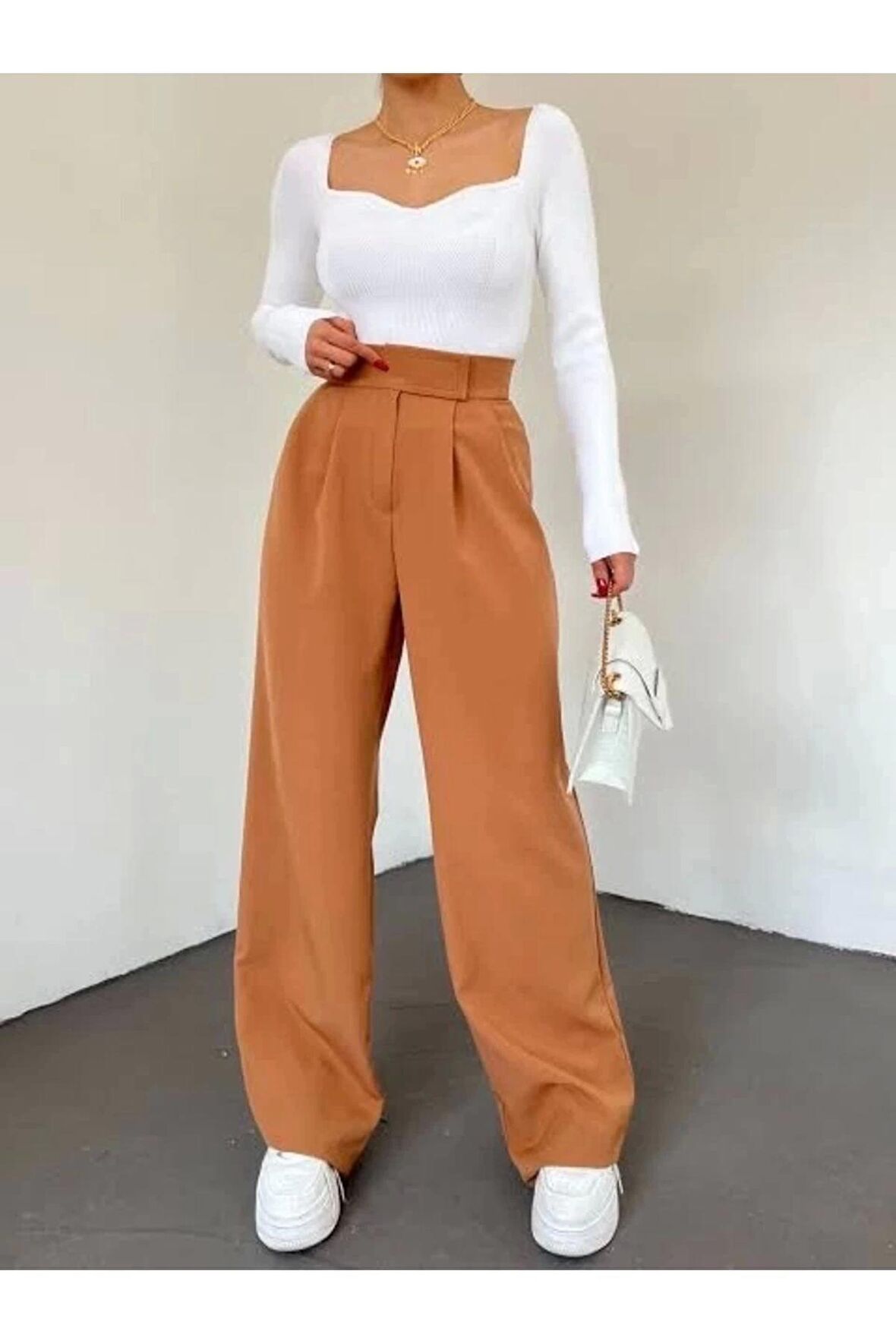 Kadın Kahverengi Yüksek Bel Cırtlı Palazzo Pantolon