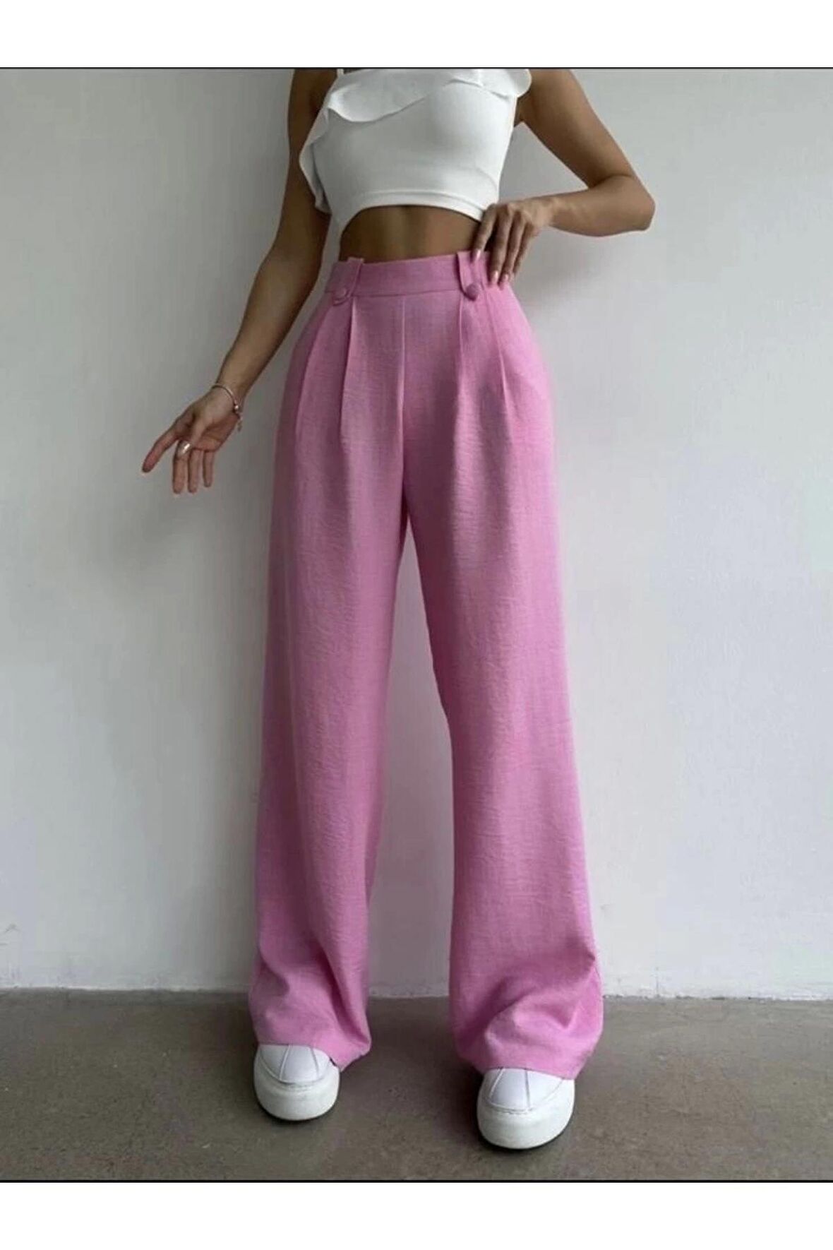 Kadın Pembe Keten Düğmeli Yüksek Bel Palazzo Pantolon