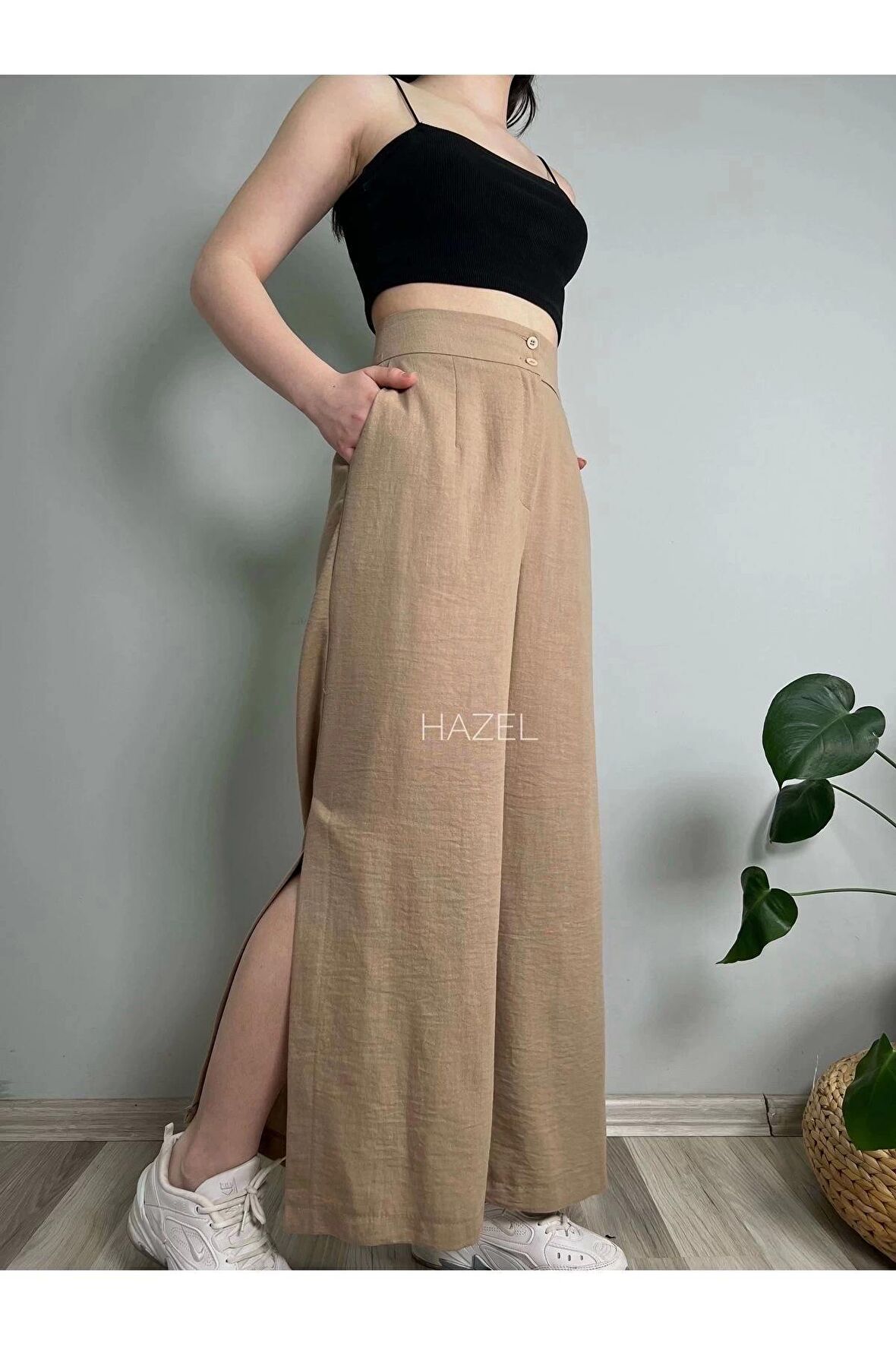 Kadın Vizon Keten Yırtmaçlı Yüksek Bel Palazzo Pantolon