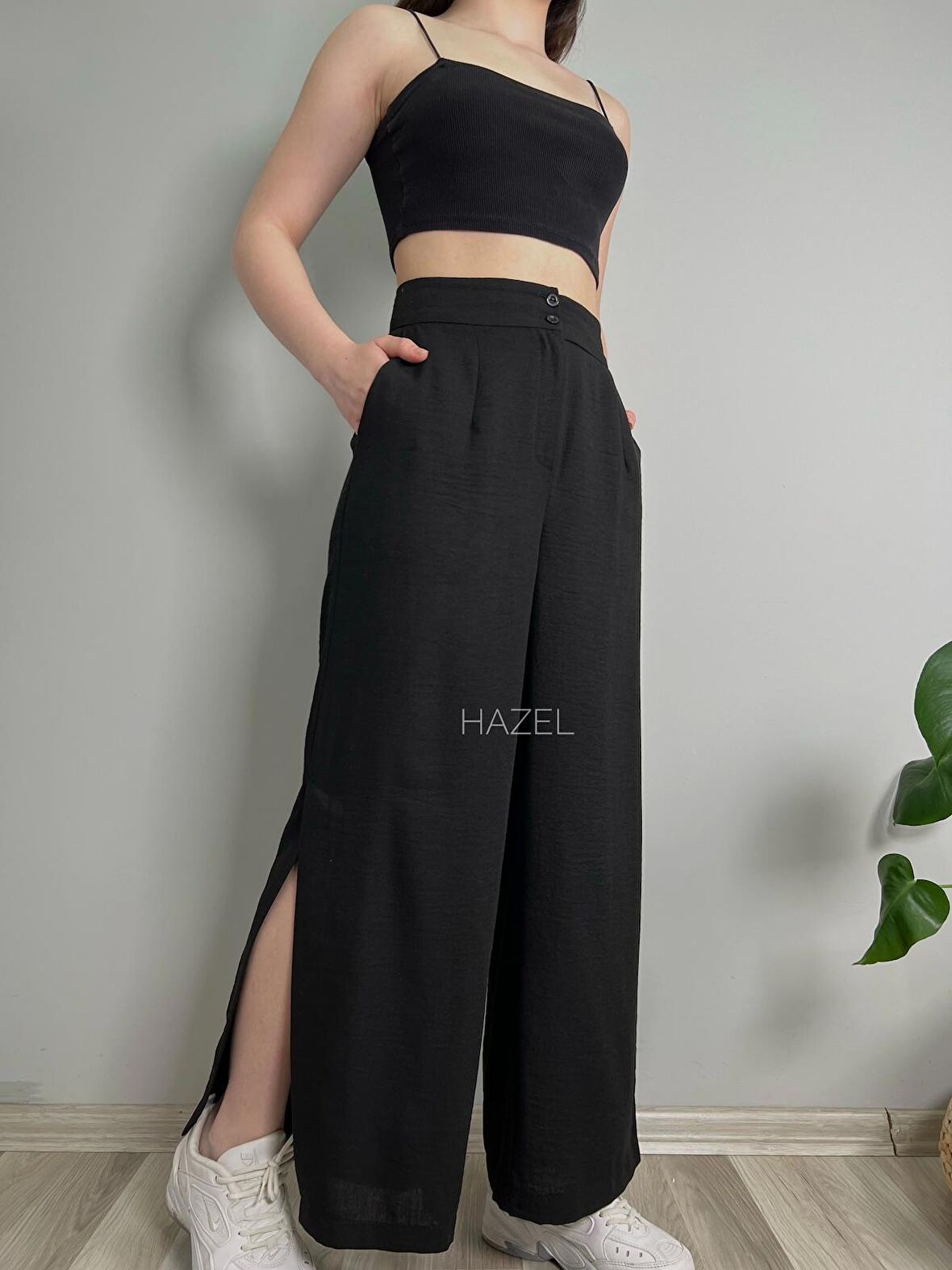 Kadın Siyah Keten Yırtmaçlı Yüksek Bel Palazzo Pantolon