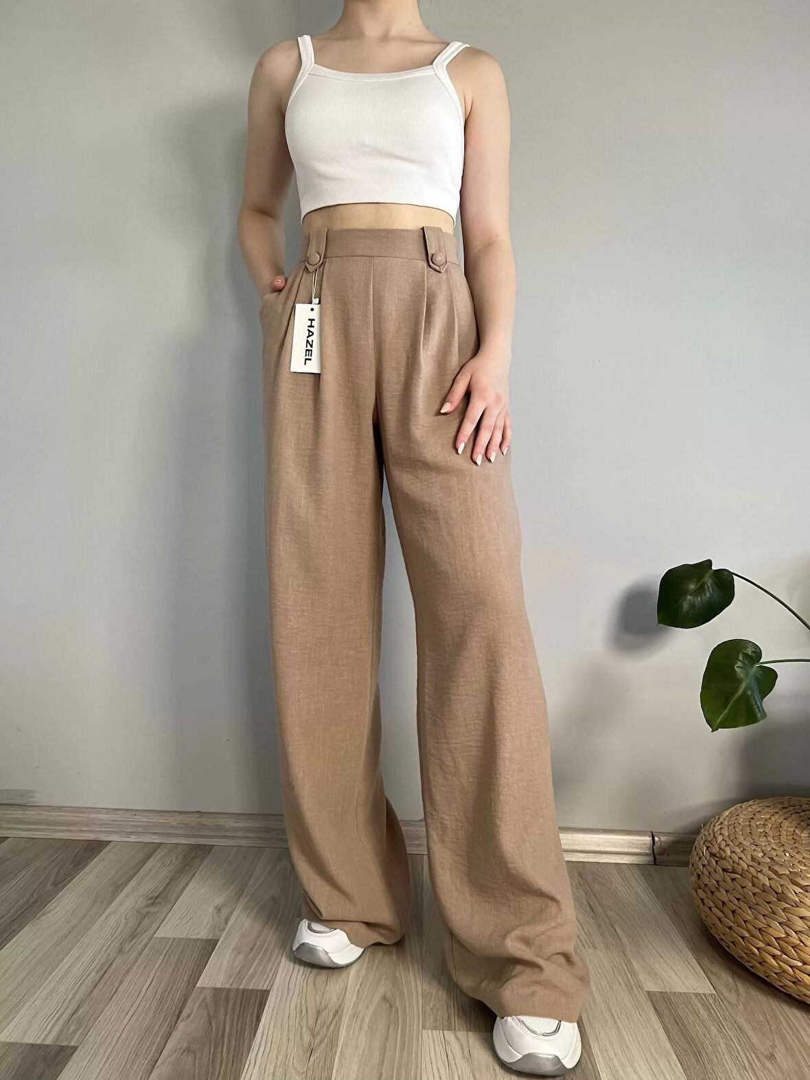 Kadın Vizon Keten Düğmeli Yüksek Bel Palazzo Pantolon