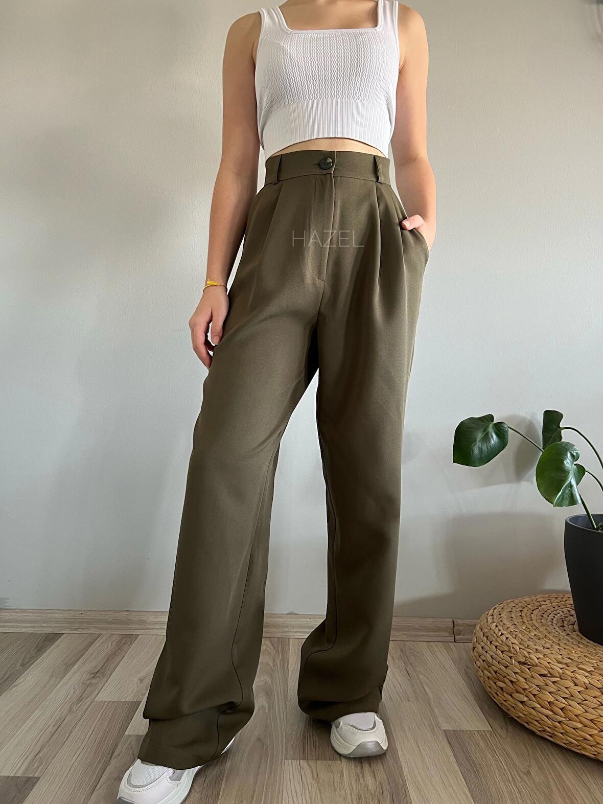 Kadın Haki Yüksek Bel Palazzo Pantolon