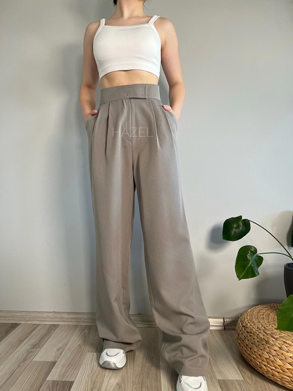 Kadın Gri Yüksek Bel Cırtlı Palazzo Pantolon