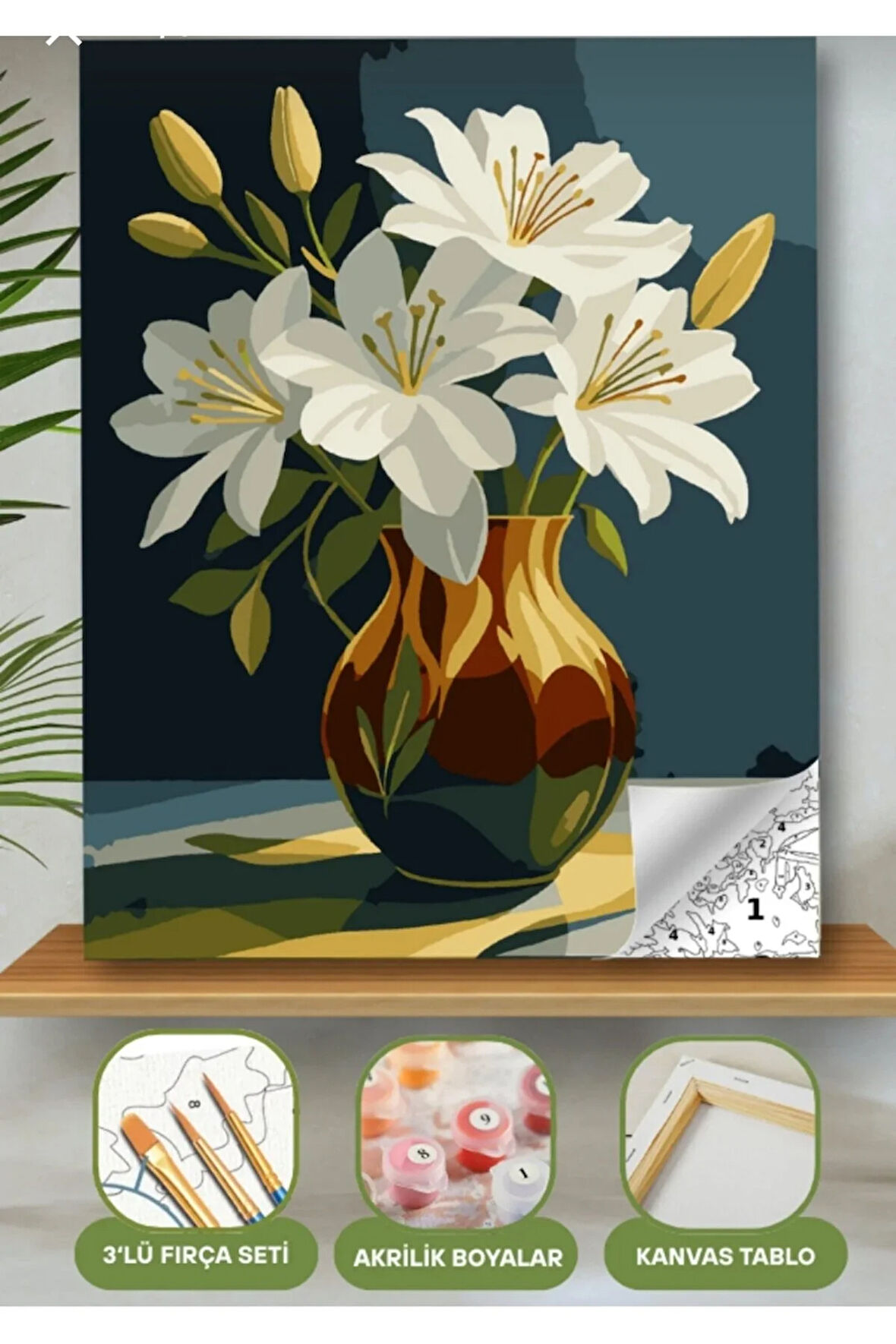 Sayılarla Boyama Seti 40x50 Cm (Çıtalı) Fırça Boya Dahil Numaralı Tuval Renkli Vazo Beyaz Çiçek