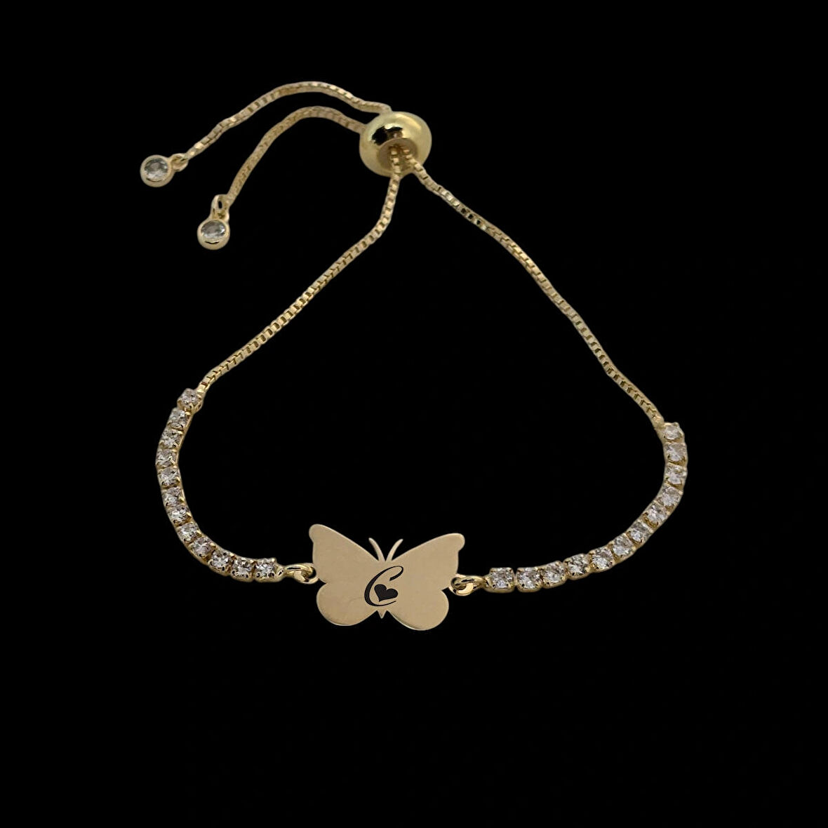 C Harfine Özel 14 Ayar Altın Plakalı Zincirli Kelebek Figürlü Hediye Bileklik-342harf-beyaztaş
