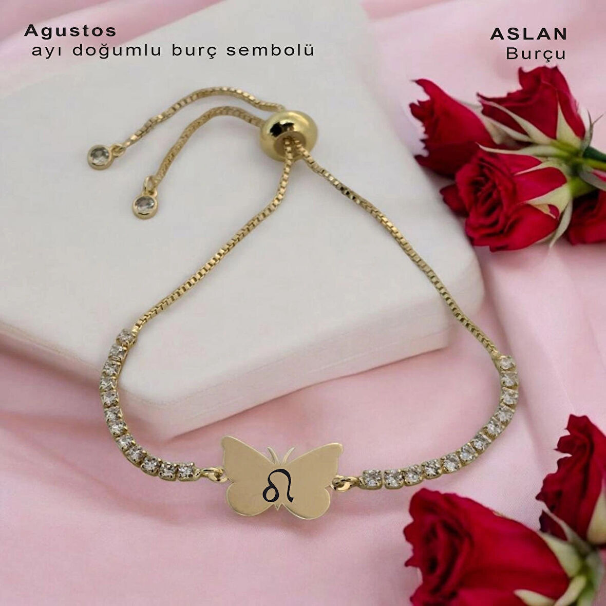 Ağustos Ayı Doğumlarına 14 Ayar Altın Plakalı Zincirli Kelebek Figürlü Bileklik-342ay-beyaztaş
