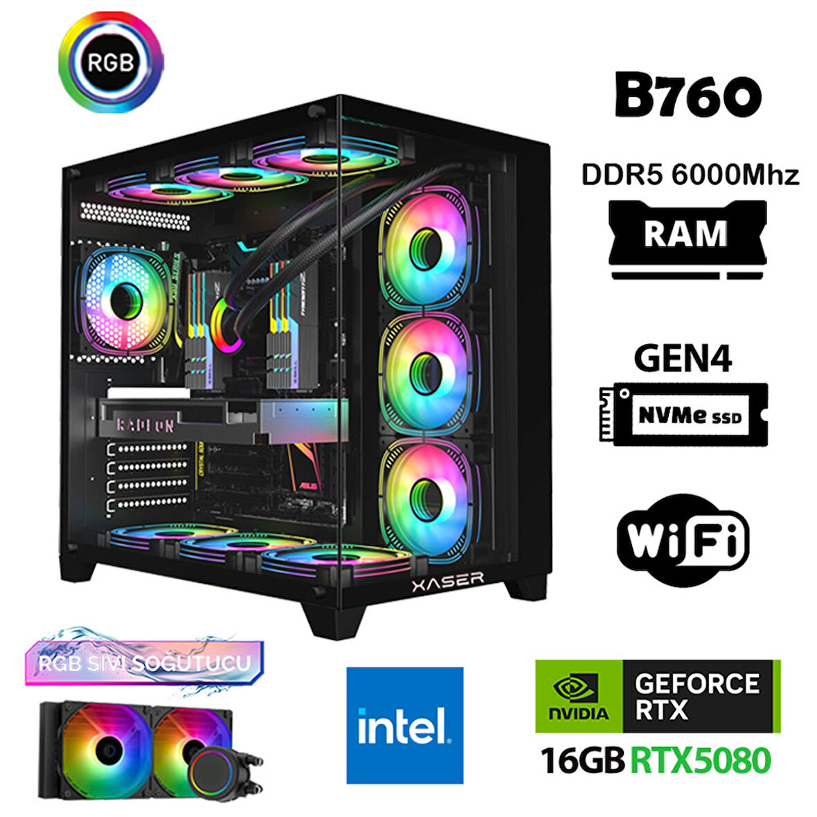 Xaser Velox X430 i7 14700f 64GB DDR5 Ram 2TB M.2 NVMe SSD 16GB RTX5080 Masaüstü Oyuncu Bilgisayarı