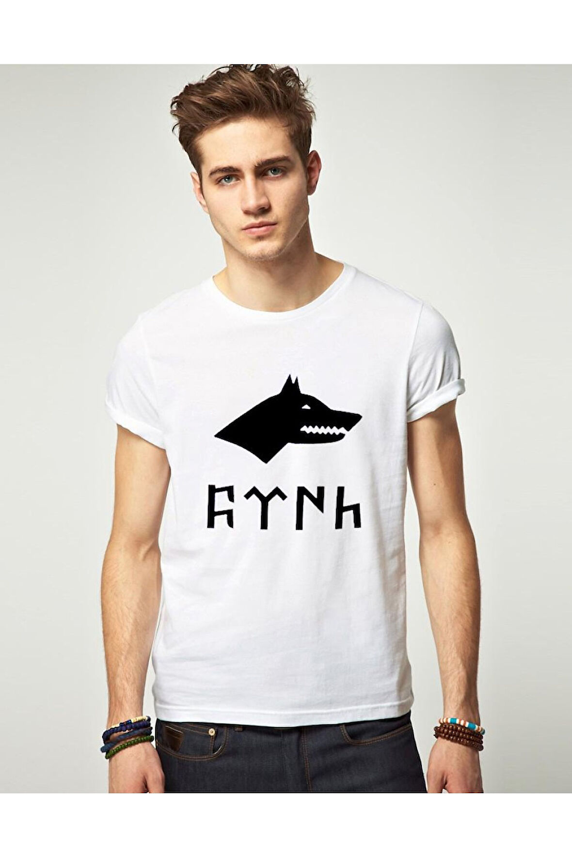 Göktürk Kurtlu Beyaz Erkek Tshirt