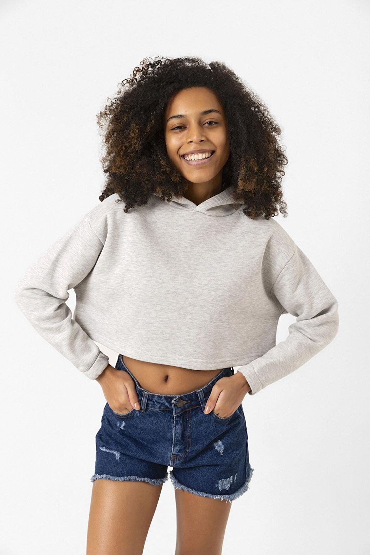 Basic Gri Kapüşonlu Crop Sweatshirt