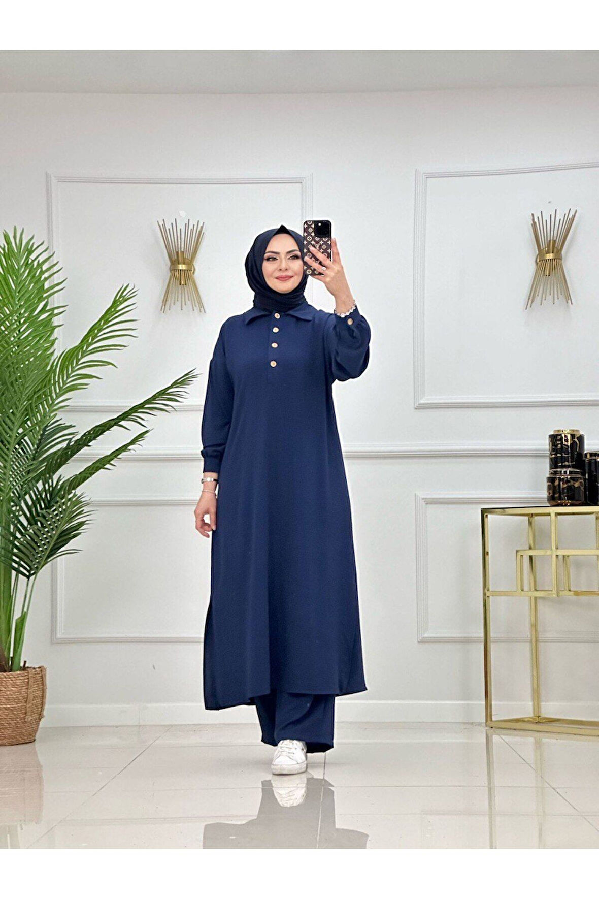 2'li Kadın Pantolon Tunik Takımı, Polo Yaka Düğmeli Elbise