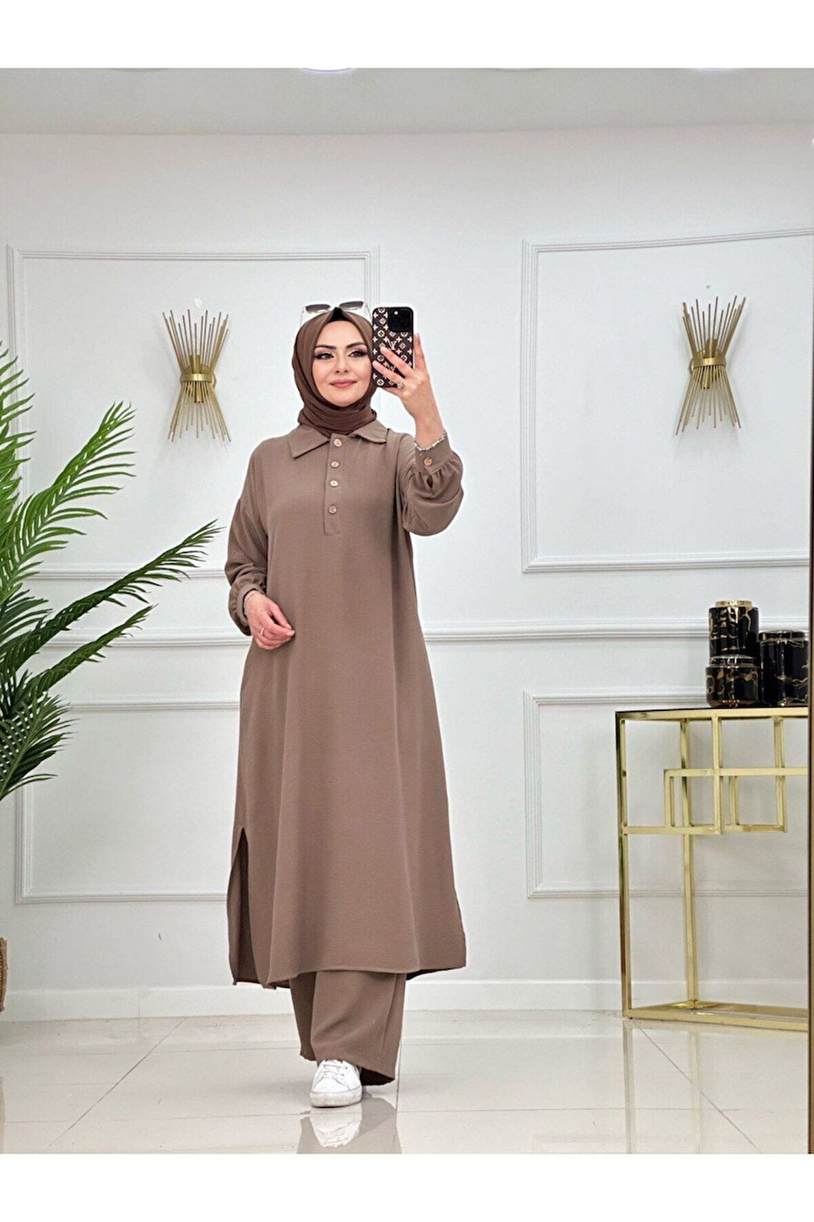 2'li Kadın Pantolon Tunik Takımı, Polo Yaka Düğmeli Elbise