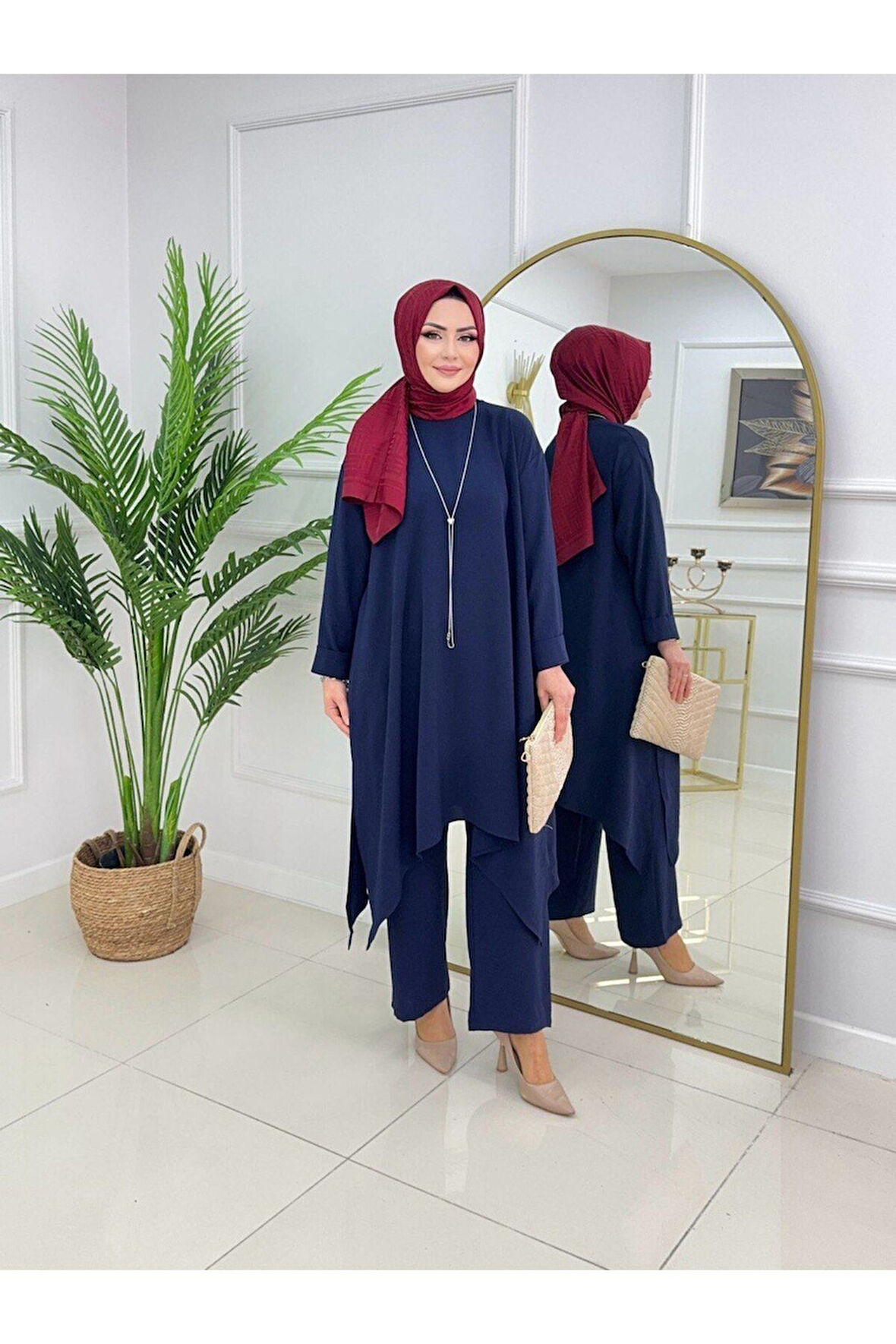 Kadın Tesettür 2'Li Takım Asimetrik Kesim Tunik & Pantolon Takımı