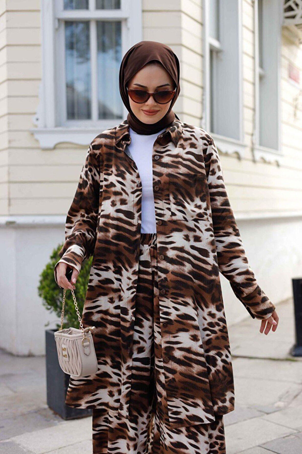 Kadın Tesettür 2'Li Leopar Takım Tunik & Pantolon