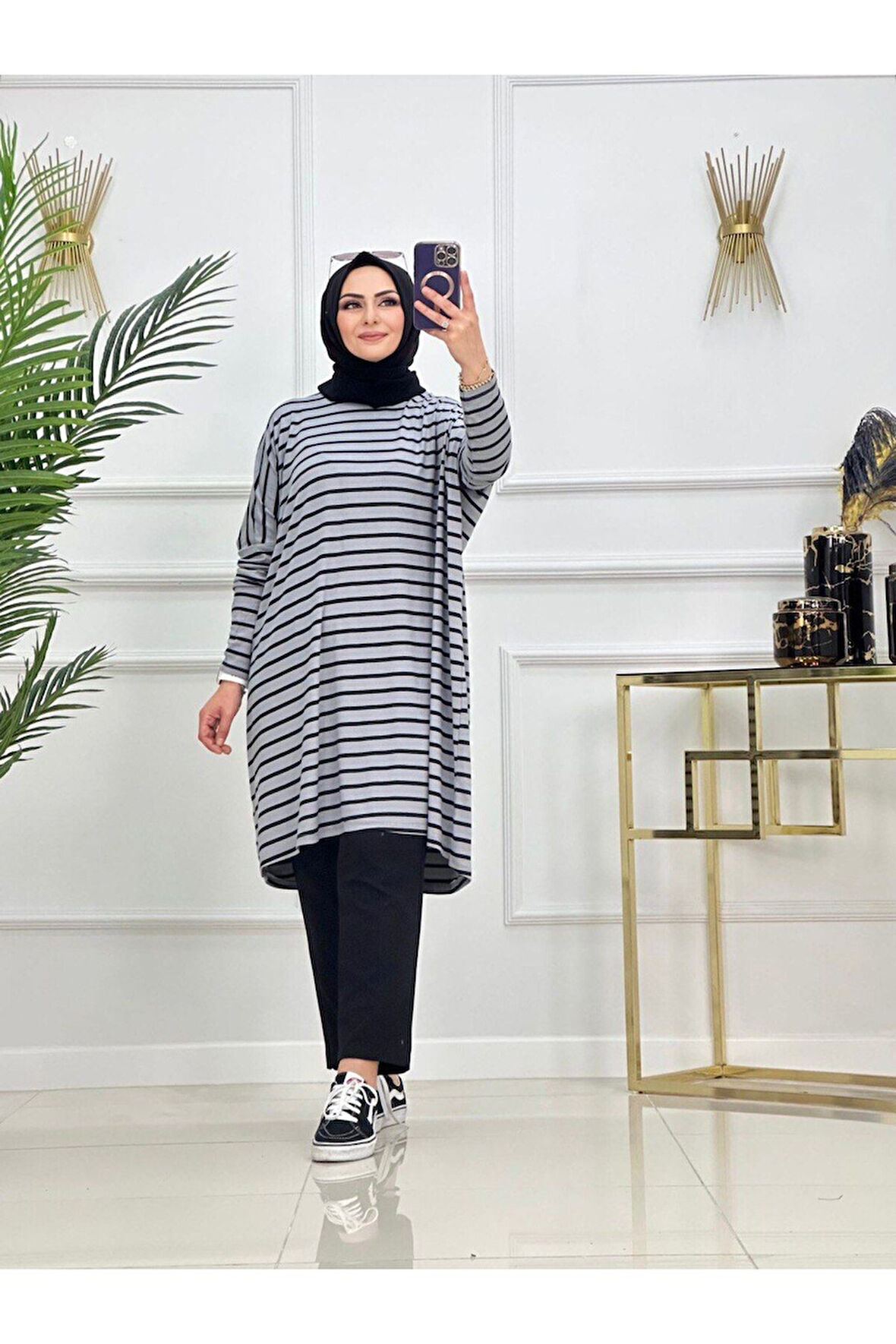 Kadın Tesettür Çizgili Tunik