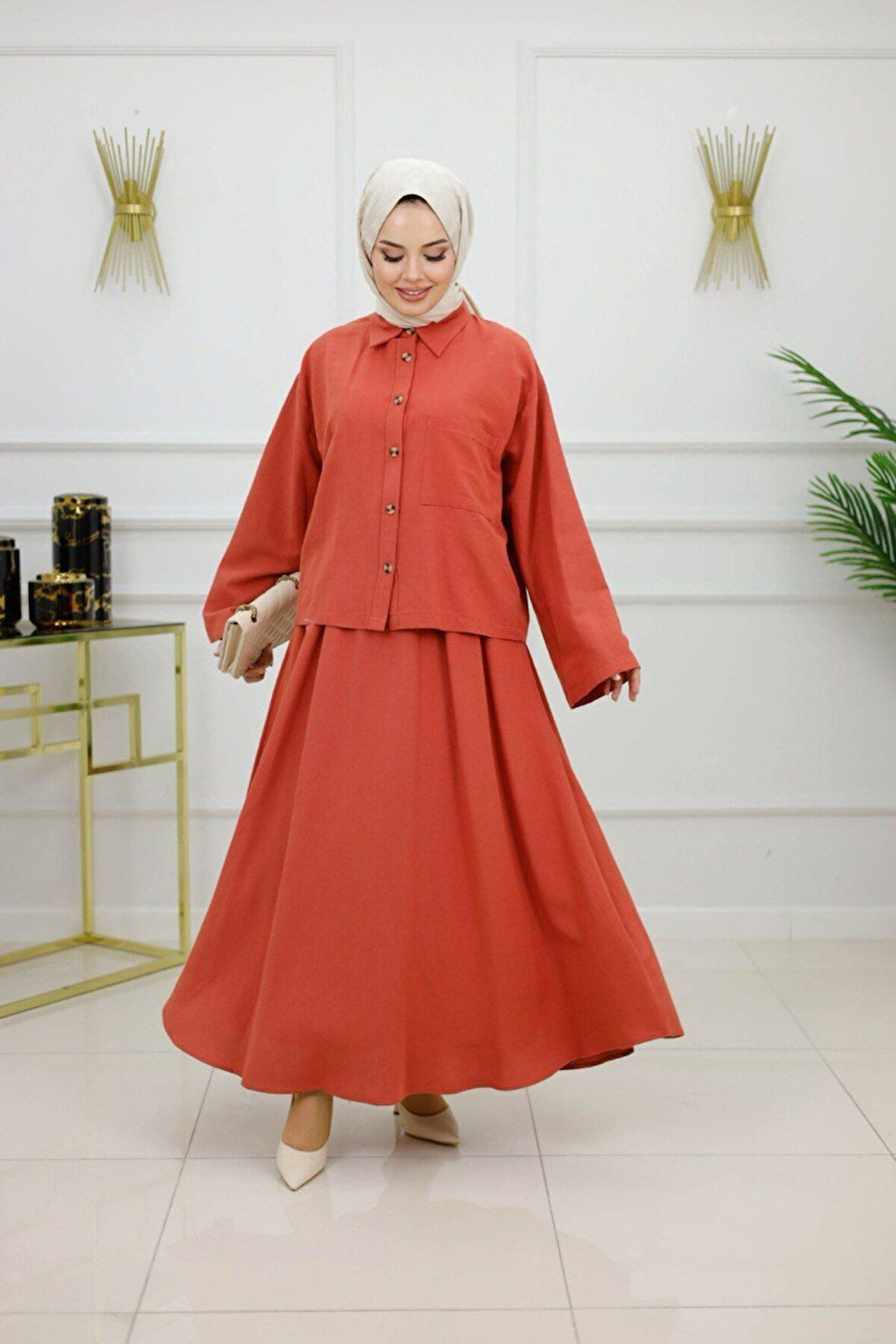 Kadın Tesettür 2'Li Takım Keten Gömlek & Etek